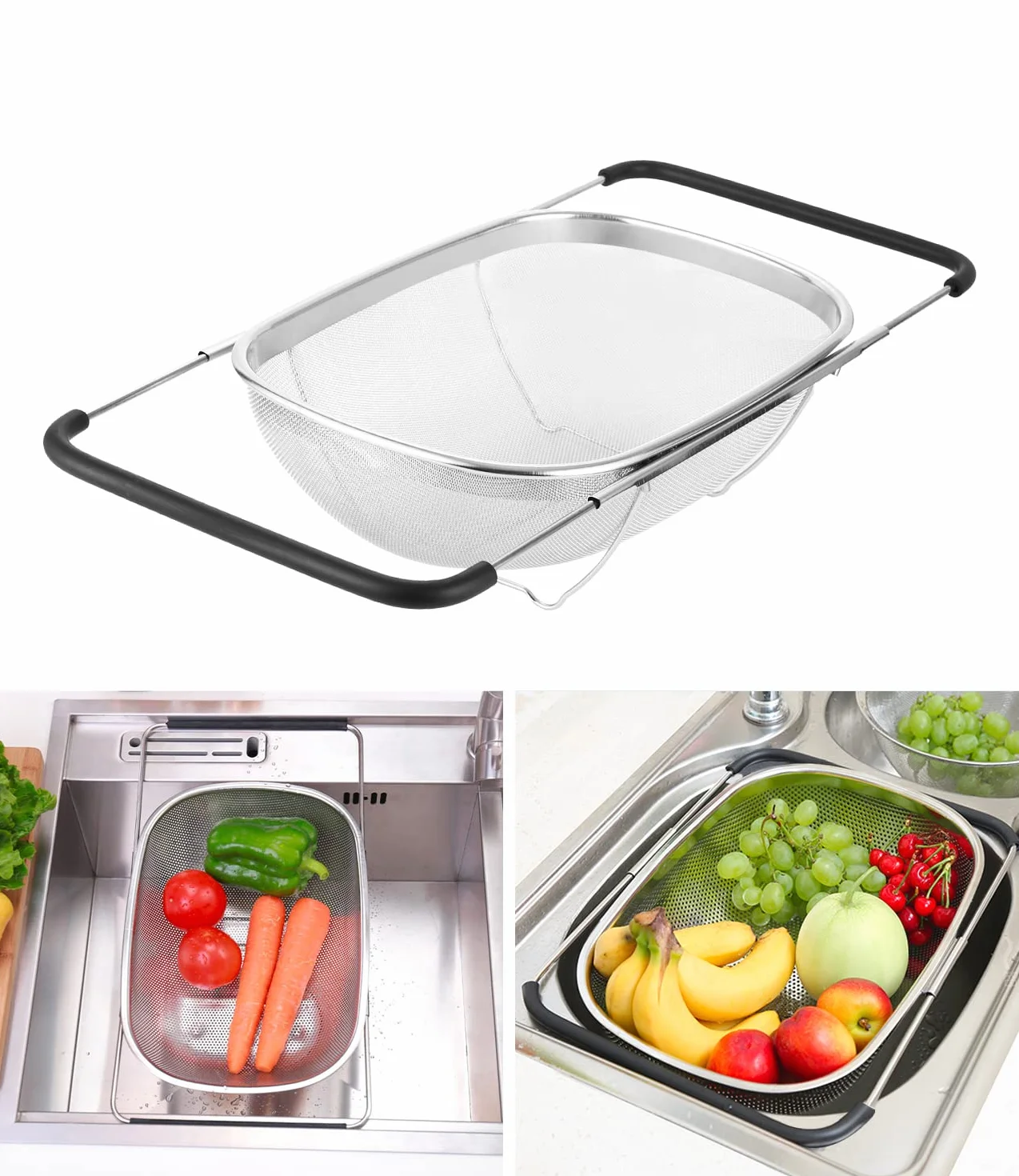 Jissta scolapasta da lavello, 6 litri con cestello a setaccio fine espandibile, pieghevole per filtrare,scolare e lavare frutta