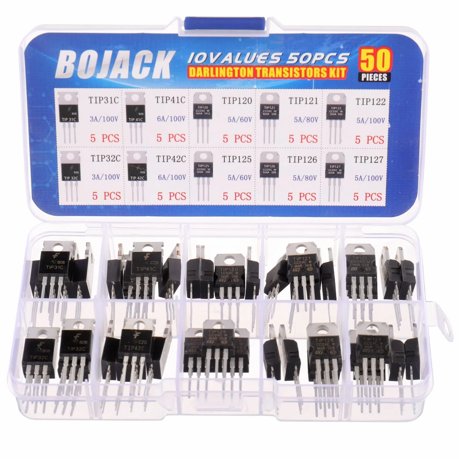 BOJACK 10 valori 50 pezzi Transistor di potenza epitassiale al silicio TIP31C TIP32C TIP41C TIP42C TIP120 TIP121 TIP122 TIP125 TIP126 TIP127 serie Transistor serie TIP Darlington Kit assortimento