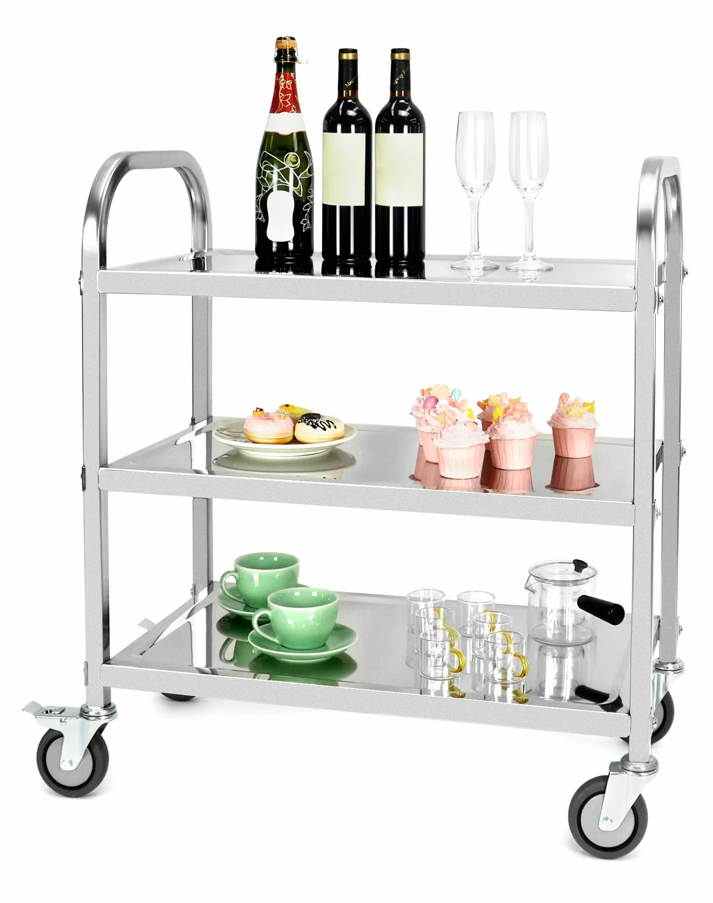 QWORK® Carrello da cucina a 3 livelli - 75 x 40 x 83,5 cm - Acciaio inossidabile 201 - Ruote silenziose con freni