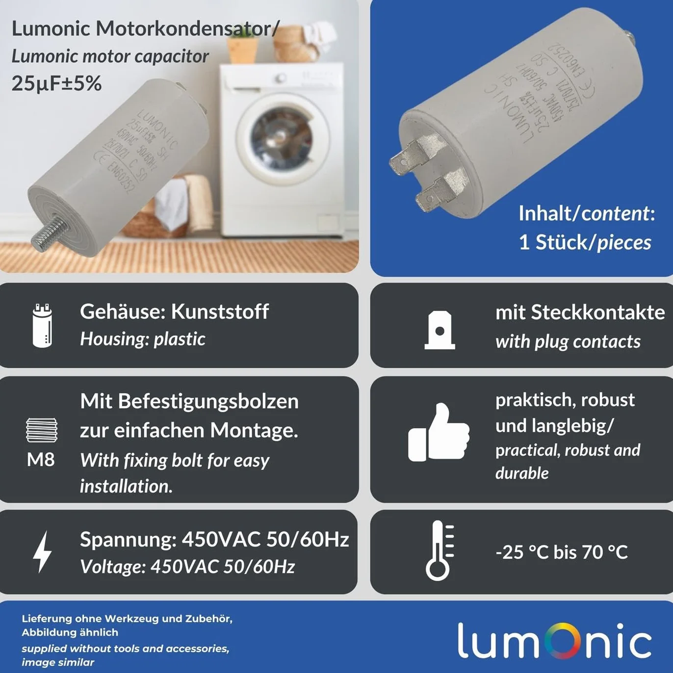 Lumonic Condensatore di avviamento 25µF 450V | con Spina I 38x75mm I 25uF I Condensatore motore con custodia in plastica I Condensatore di esercizio I per pompe, tosaerba, utensili