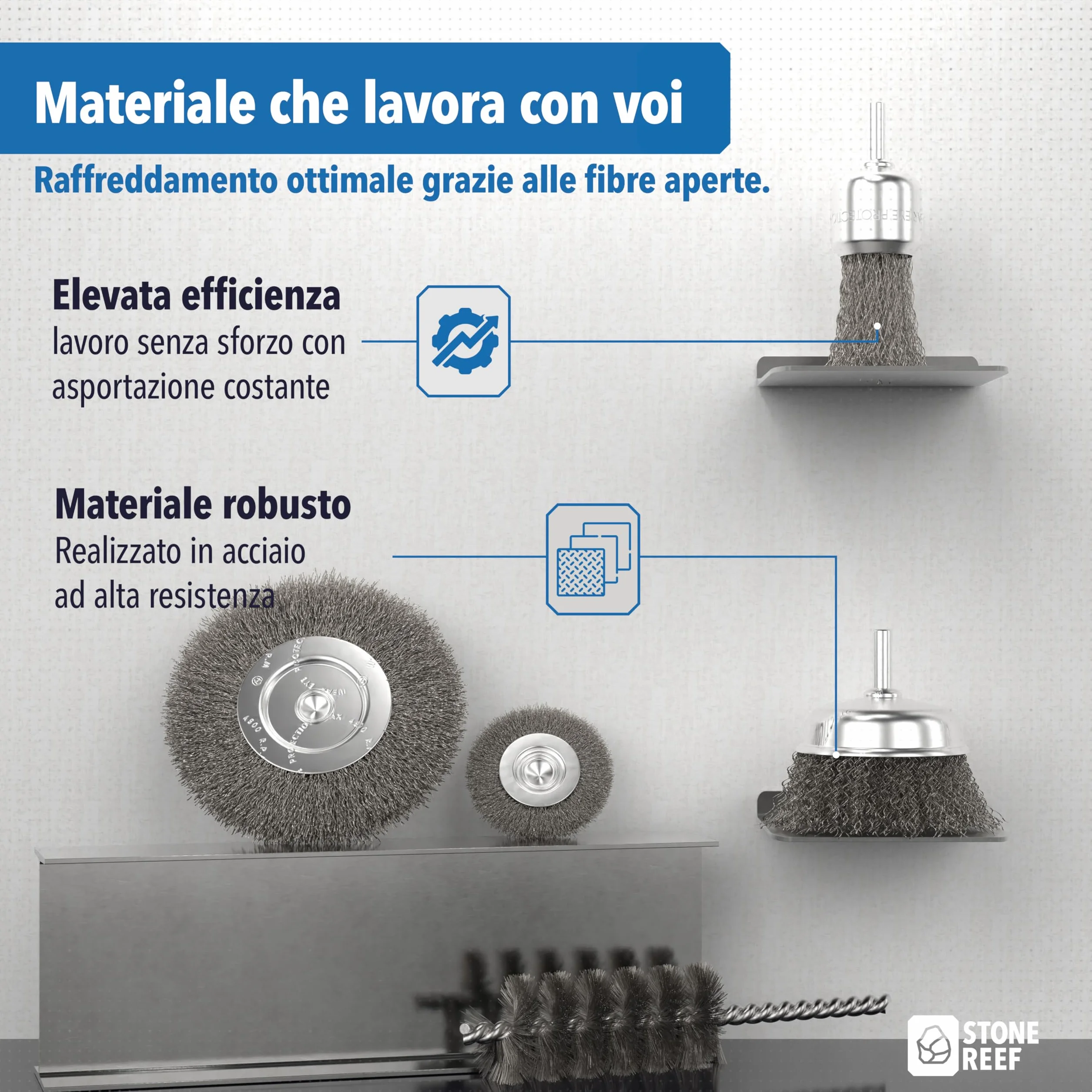 STONE REEF Set di 5 spazzole metalliche, fusto rotondo da 6 mm, trapani, avvitatore a batteria, accessori universali per la lavorazione della superficie, ideale per rimuovere la ruggine e rimuovere