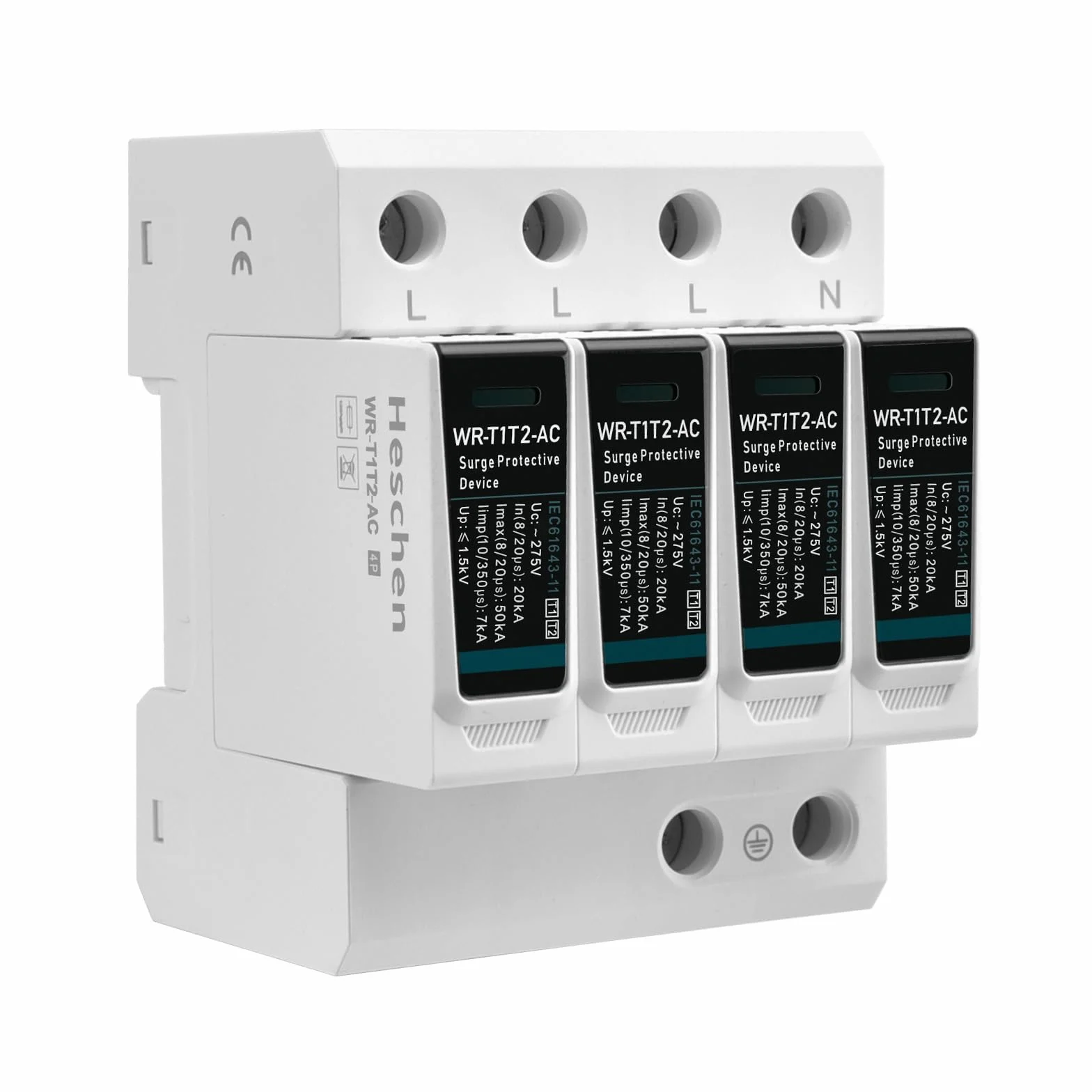 Heschen Dispositivo di protezione contro le sovratensioni SPD, WR-T1T2-AC, 4P 275V, in 20kA, Iimp 7kA, tipo T1+T2, ignifugo, dispositivo di parafulmine a bassa tensione, montaggio su guida DIN 35