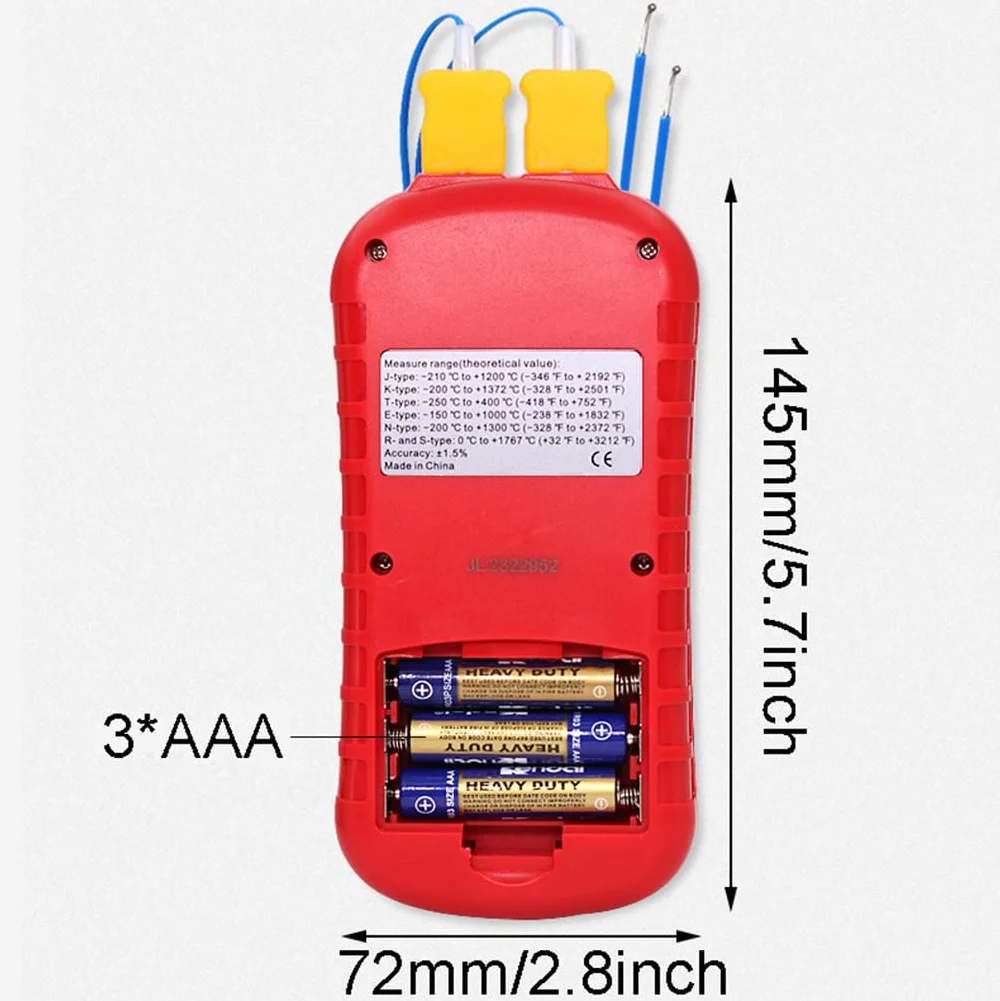 ThreeH Termometro digitale a doppio canale LCD retroilluminato con sonde termocoppia tipo K per K/J/T/E/R/S/N