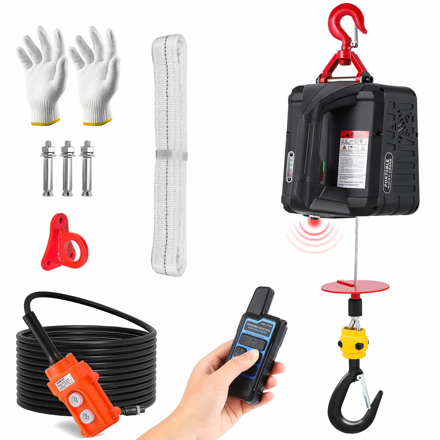 NEWTRY 3 in 1 Paranco elettrico 1500W, argano elettrico portatile da 300KG con finecorsa a infrarossi migliorato, sollevamento verticale e orizzontale, telecomando da 120M con CE