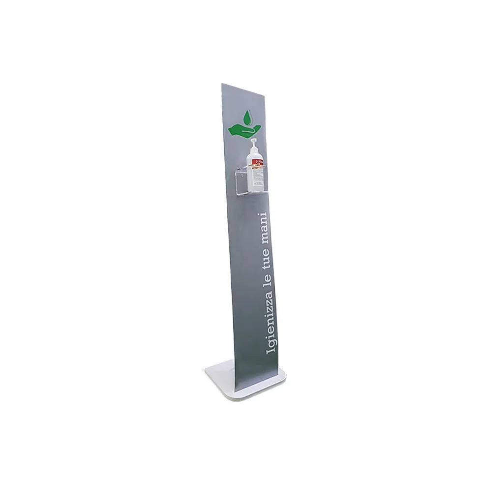 Colonnina igienizzante in alluminio dibond e base in forex, per dispenser gel disinfettante mani, piantana per attività commerciali, uffici, farmacie