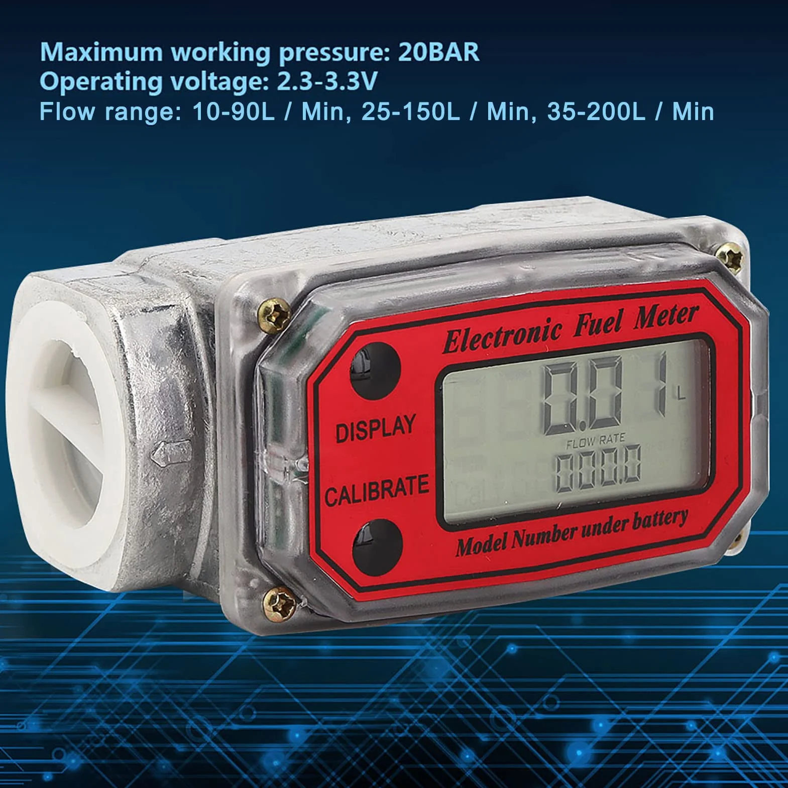 Contalitri Gasolio Misuratore di Portata Elettronico Turbina Digitale 10-200L 1" NPT Rosso LLW-25