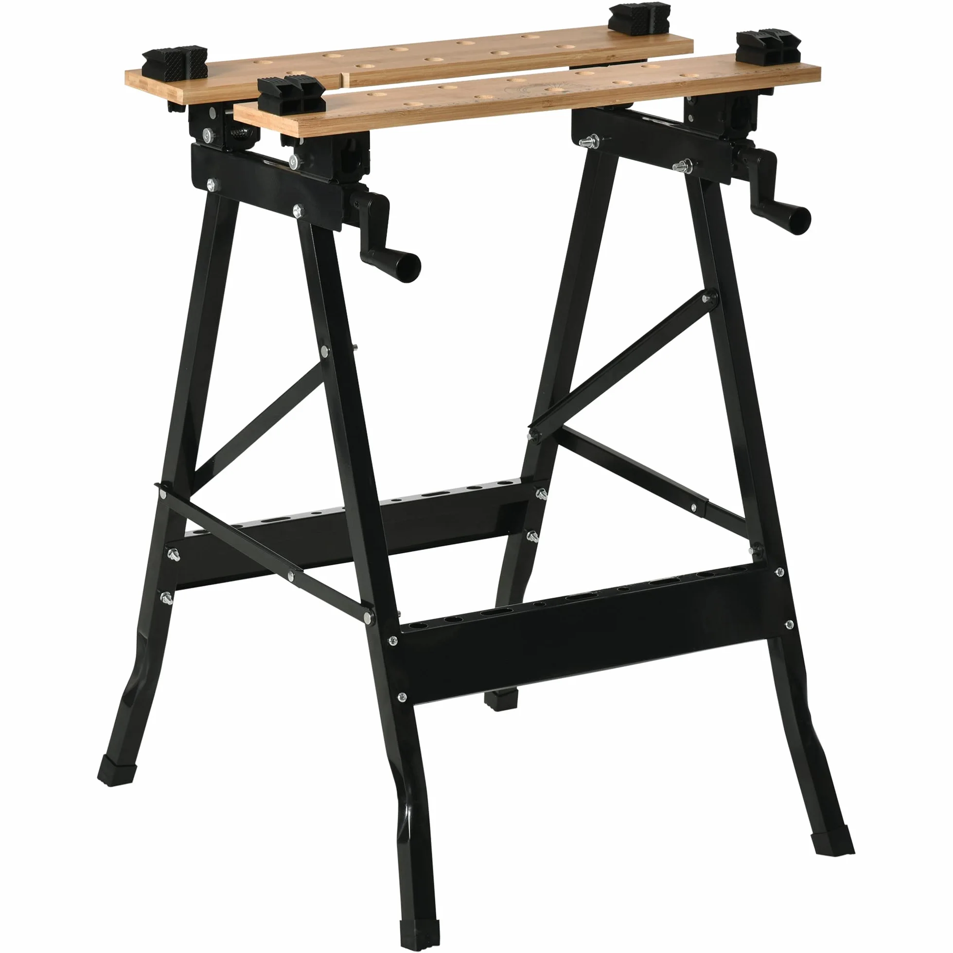 HOMCOM Banco da Lavoro Pieghevole 4 Morse Portata 150 kg Nero e Legno | Riga e Goniometro, Tavolo da Lavoro Regolabile e Portatile, per Casa e Fai da Te