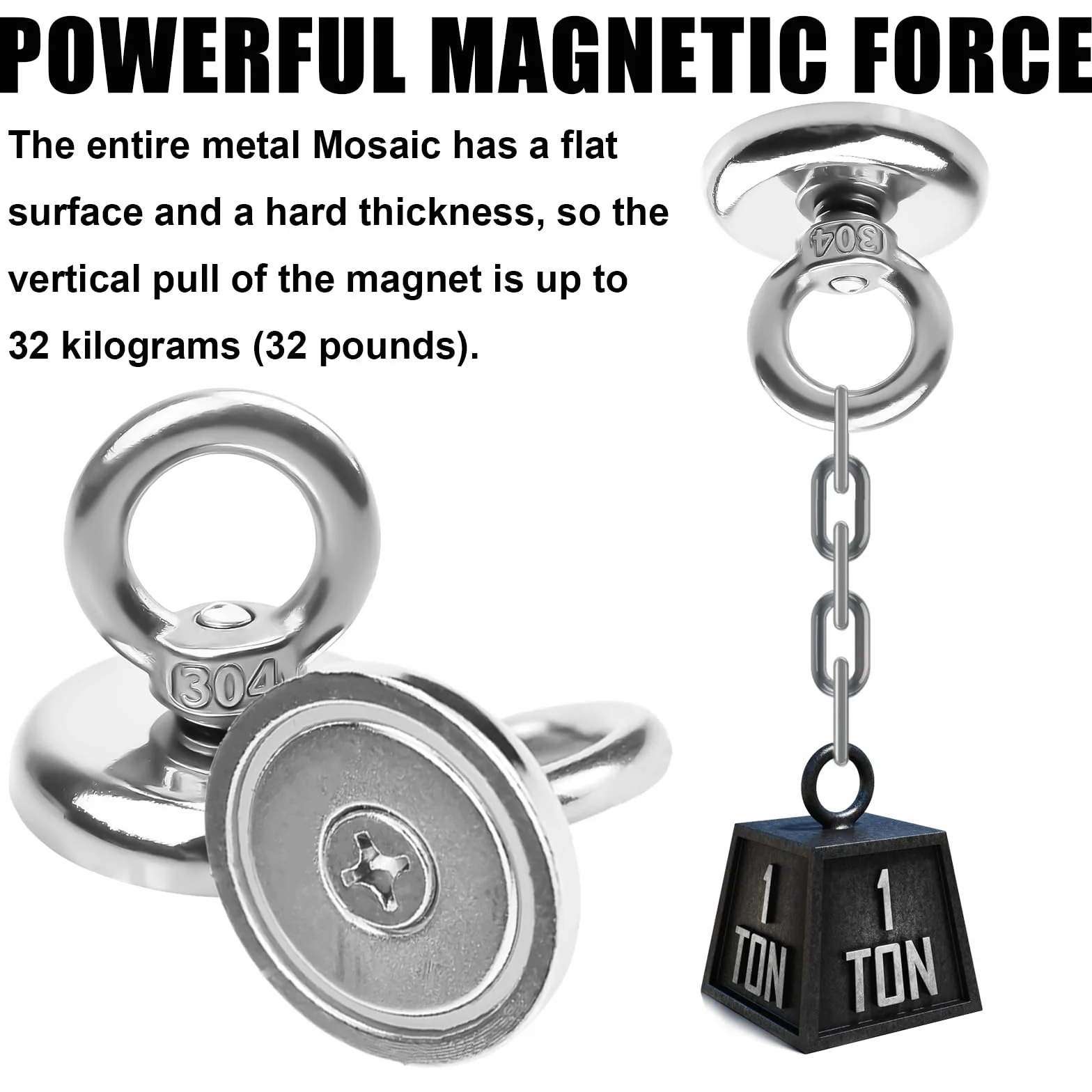 Magneti al Neodimio Extra Forti 45 kg 32 mm con Anelli di Sollevamento per Pesca