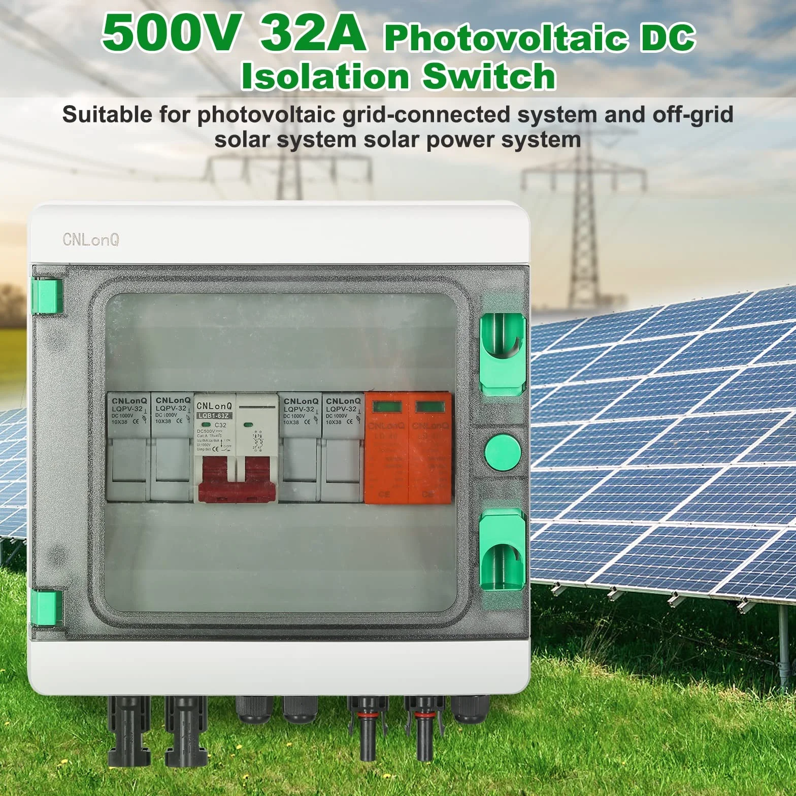 Scatola Combinatrice Fotovoltaica, Scatola combinatrice solare con interruttore automatico 500V 32A Parafulmine e connettore solare, per sistema di pannelli solari On/Off Grid, 2 in 1 out 2