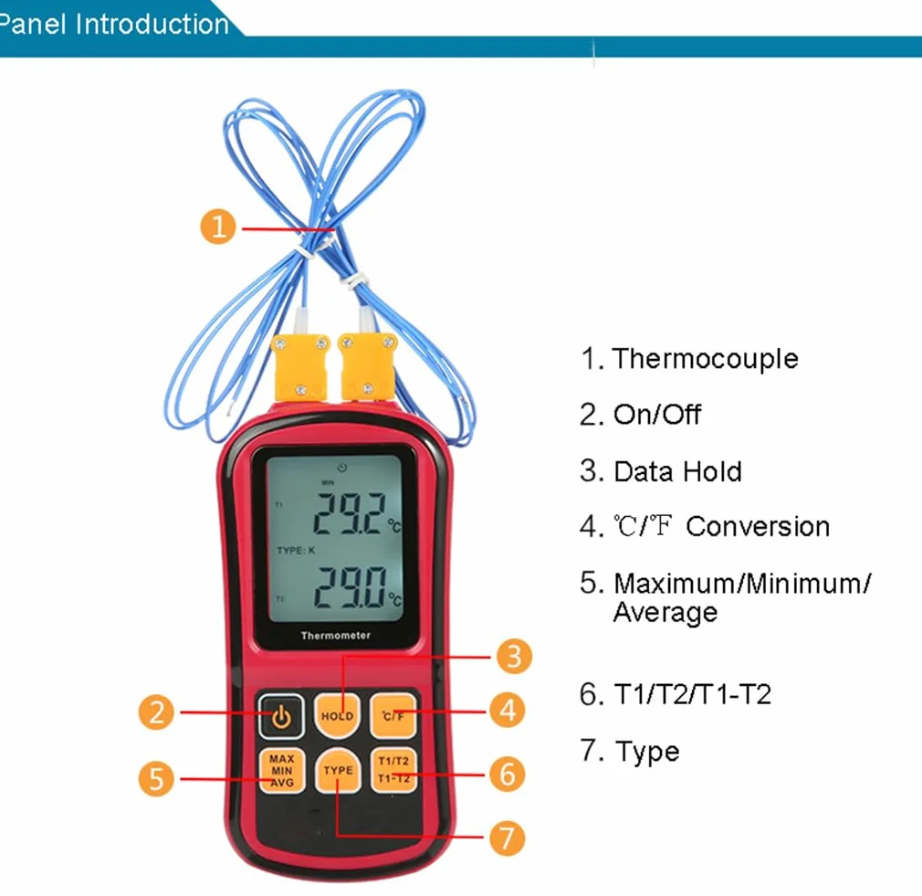 ThreeH Termometro digitale a doppio canale LCD retroilluminato con sonde termocoppia tipo K per K/J/T/E/R/S/N
