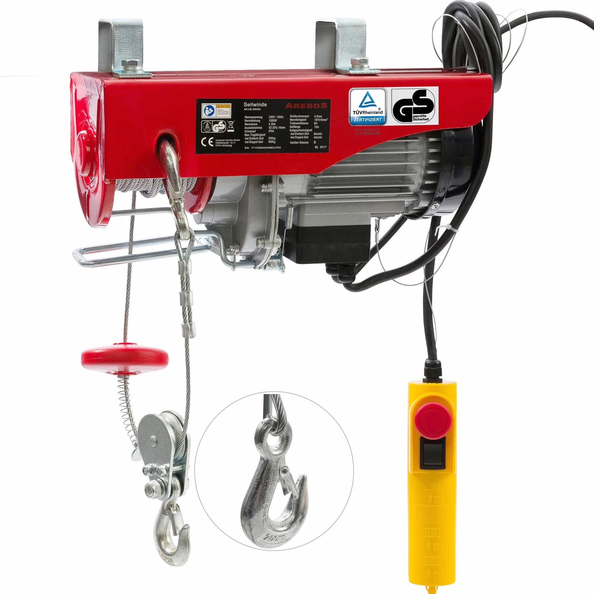 Arebos Paranco Elettrico | 200/400 kg | 1000W | Verricello Elettrico | Montacarichi Paranchi Elettrici con Telecomando | altezza di sollevamento 12m | Verricellomontacarichi di Sollevamento