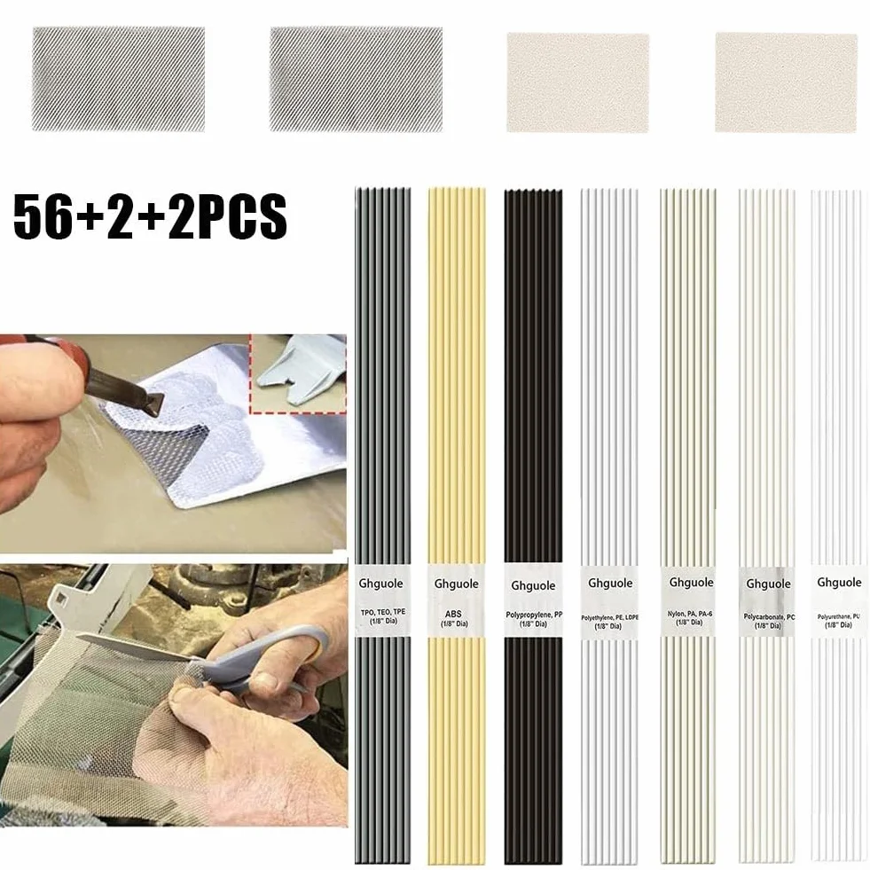 Set di 60 aste di saldatura in plastica per riparazione paraurti, kayak, barche, acciaio inossidabile e carta vetrata