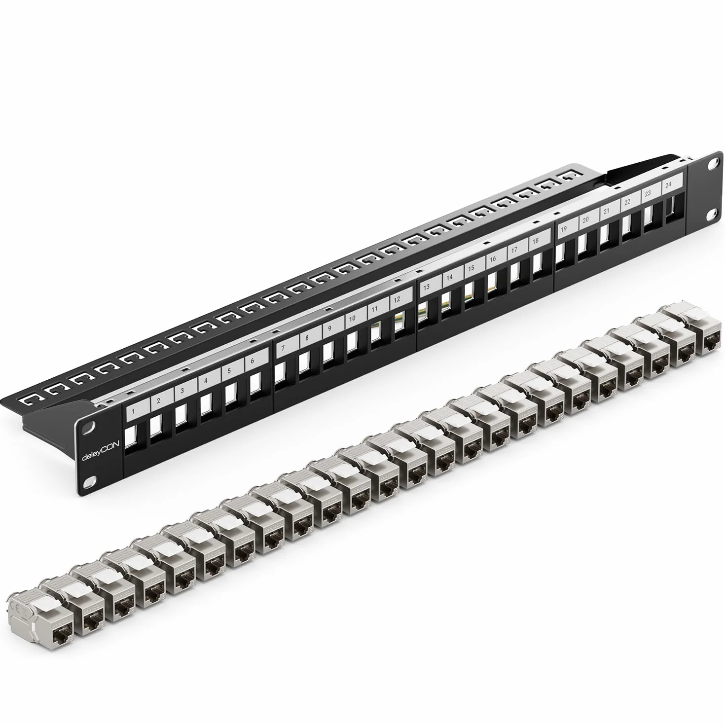 deleyCON 24 Porte CAT 8 Patchpanel Set Campo di Distribuzione Patch Panel 19" 1U + 24x Modulo Keystone Jack RJ45 CAT8 40 Gbit/s 2000 MHz Compatibile con Cavo D'Installazione CAT7 CAT-8 Ethernet Rete