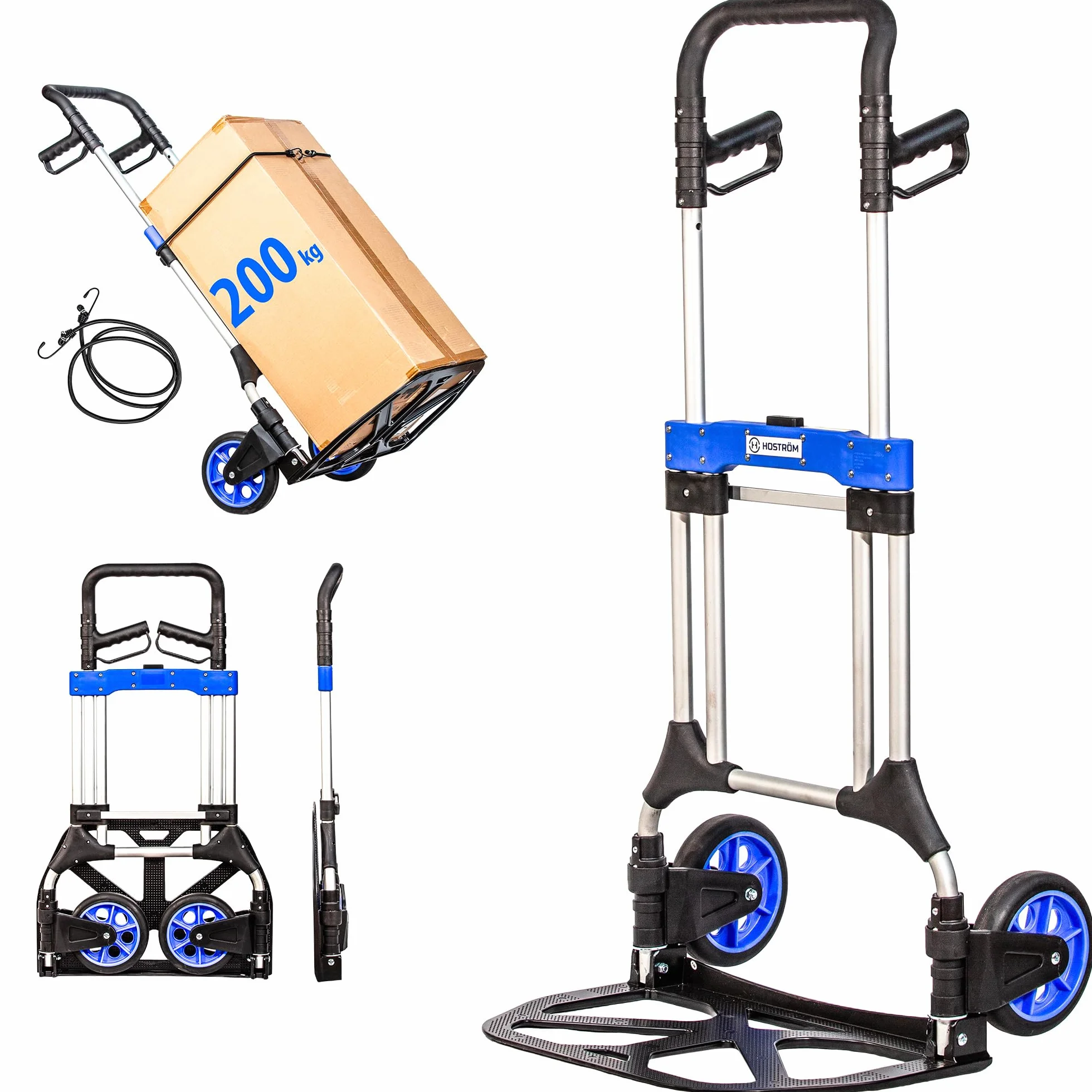 HOSTRÖM Carrello a mano pieghevole in alluminio per impieghi gravosi, carrello a mano pieghevole per traslochi, trasporto materiali, ruote grandi, carico massimo 200 kg, 5 anni di garanzia.
