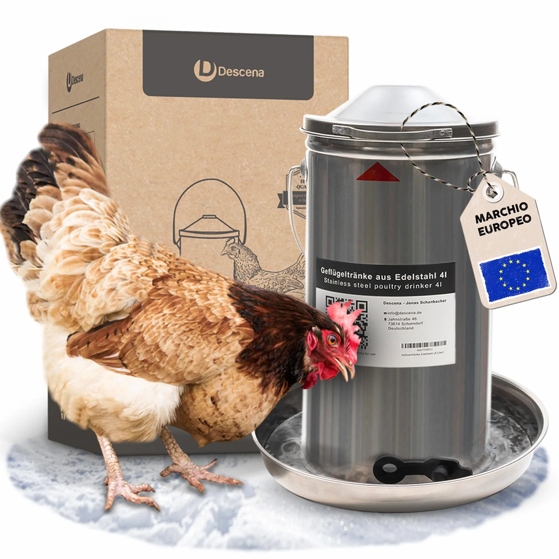 Abbeveratoio per Galline 4L in Acciaio Inox 304 (V2A) – Riempimento dall'alto, compatibile con riscaldatori e piastre riscaldanti, per pollaio