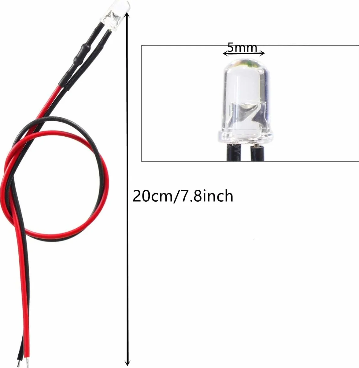 HUAZIZ 50 Pezzi 5mm Luce a Diodi LED Precablata 12V 20cm, Diodo ad Emissione Luminosa LED Bianca, per Trasformazione e Illuminazione di Circuiti Automobilistici, Modellazione di Prototipi