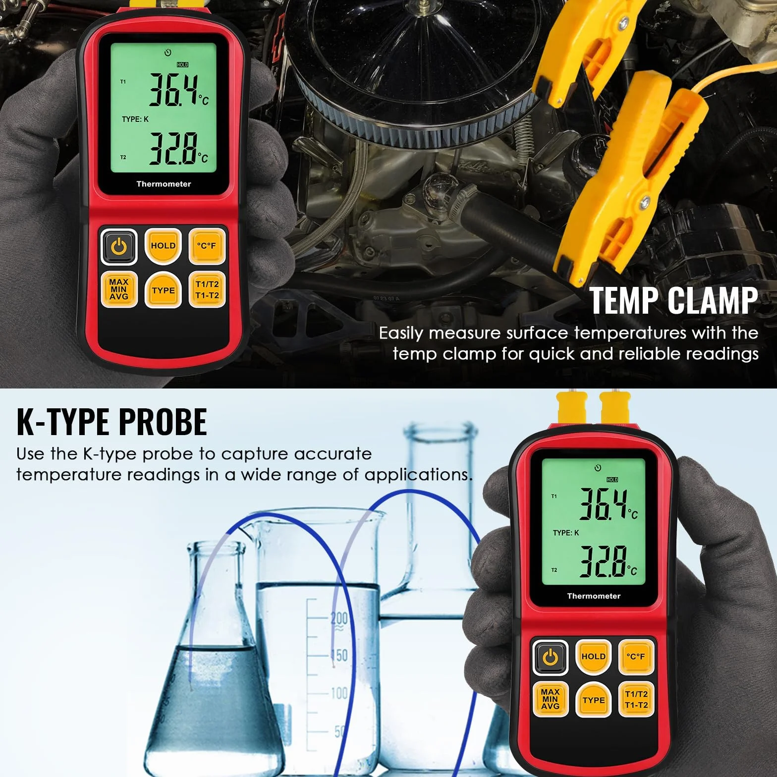 Termometro a termocoppia a doppio canale Tipo K/J/T/E/R/S/N -150~1767 °C Misuratore di temperatura digitale Retroilluminazione 2 sonde