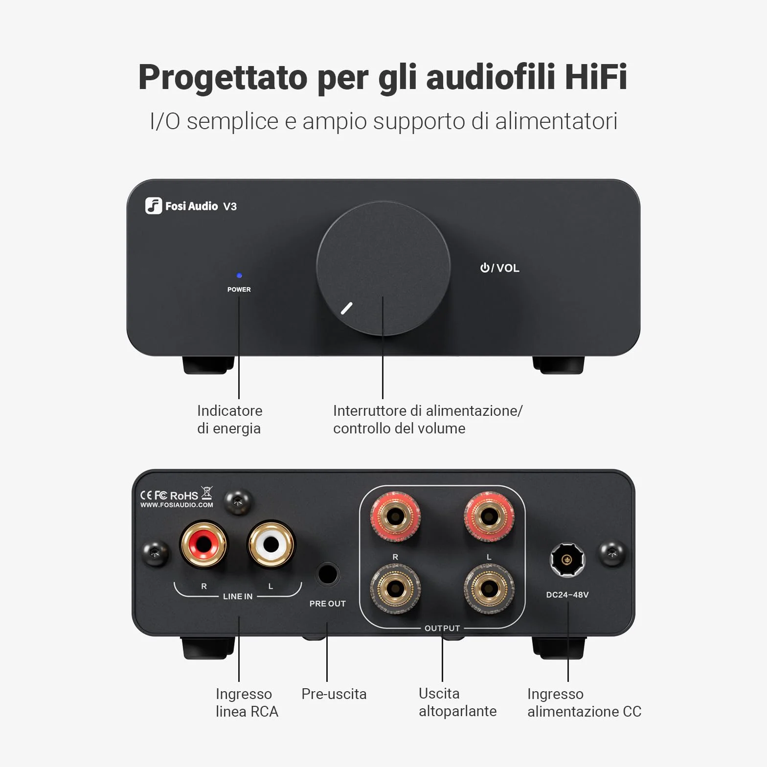 Fosi Audio V3 Amplificatore stereo Home Audio 300 Watt x2 Potenza TPA3255 Classe D Mini 2 canali per altoparlanti passivi da scaffale a torre Desktop Home Theater con alimentazione 48V