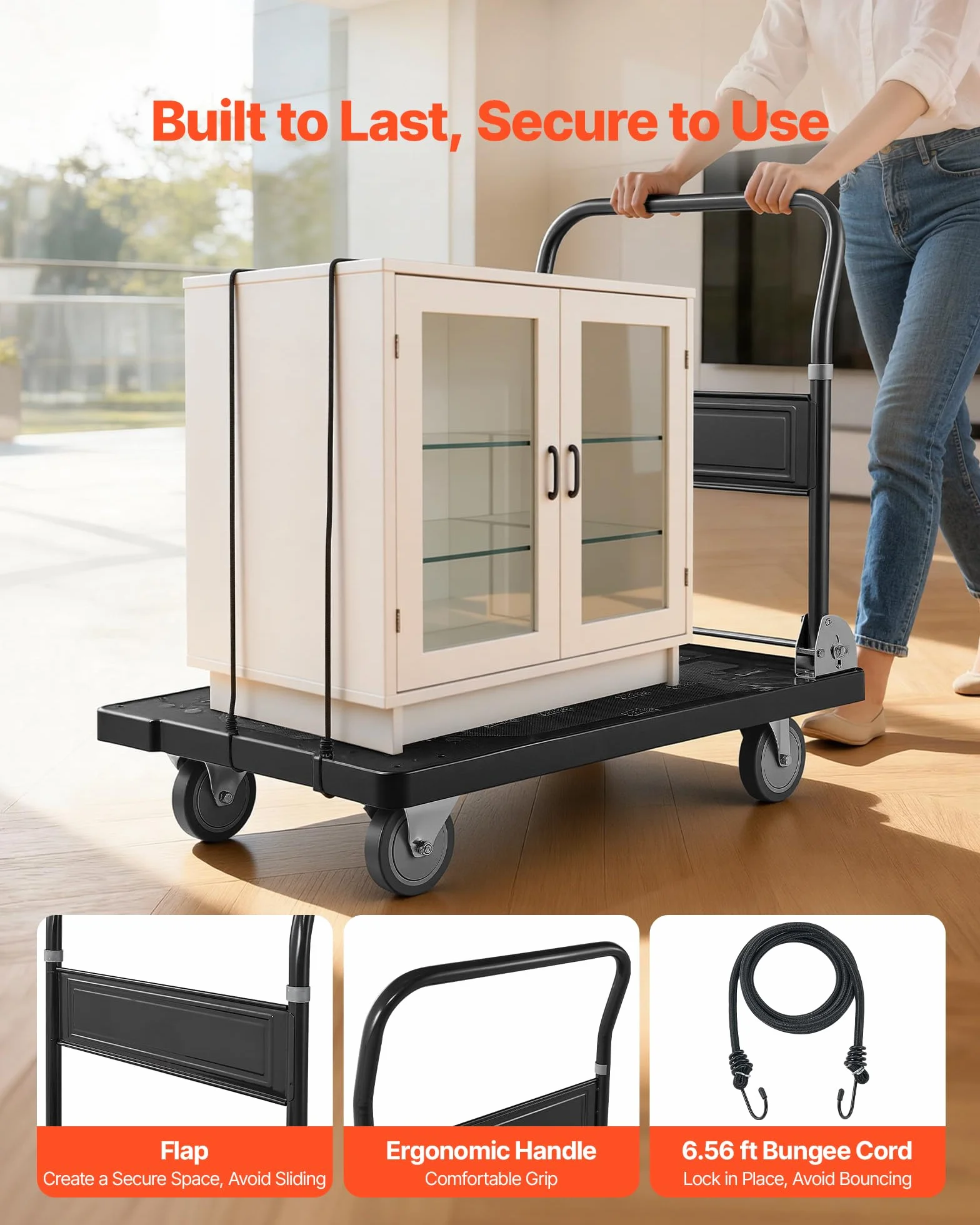VEVOR Carrello Pieghevole da Trasporto Capacità Carico max. 453,59kg, Carrello con Piattaforma Pieghevole Salvaspazio Dimensioni Piegate 895x595x290 mm Maniglia di Spinta per Traslochi Pacchi Merci