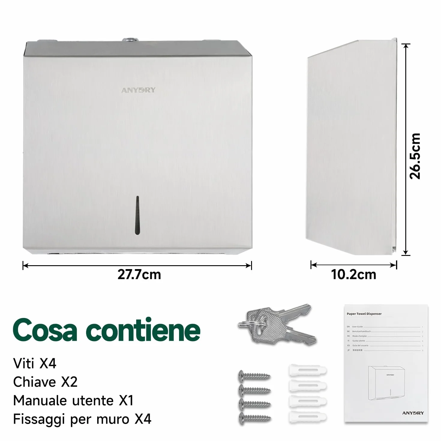 anydry Dispensatore di salviette di carta a montaggio murario 250 fogli acciaio inox satinato bloccabile multifold Z-fold
