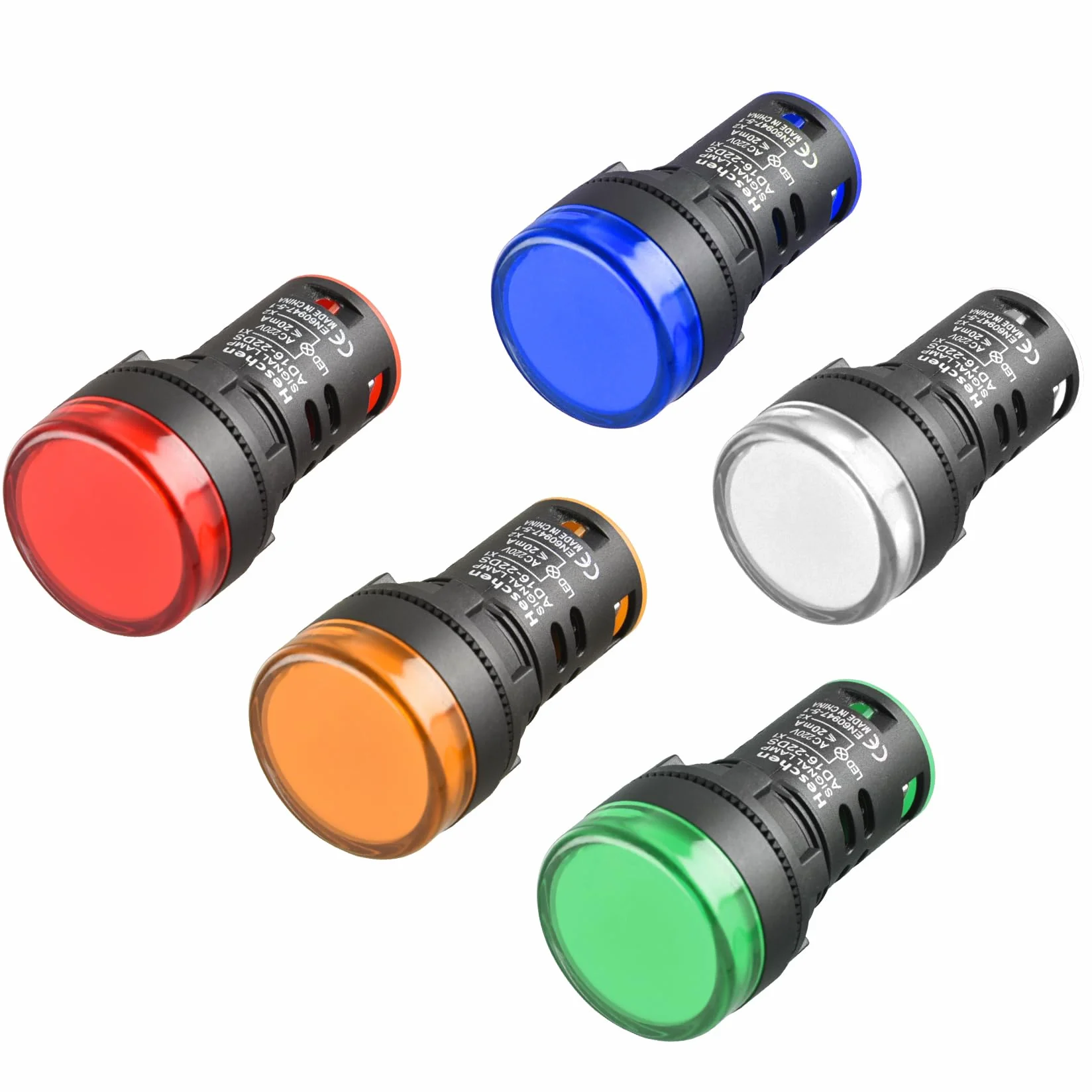 Heschen Spie luminose AD16-22D/S, a LED, da 22 mm, 220 V CC, 20 mA, confezione da 5 pezzi, colori rosso, verde, giallo, blu, bianco