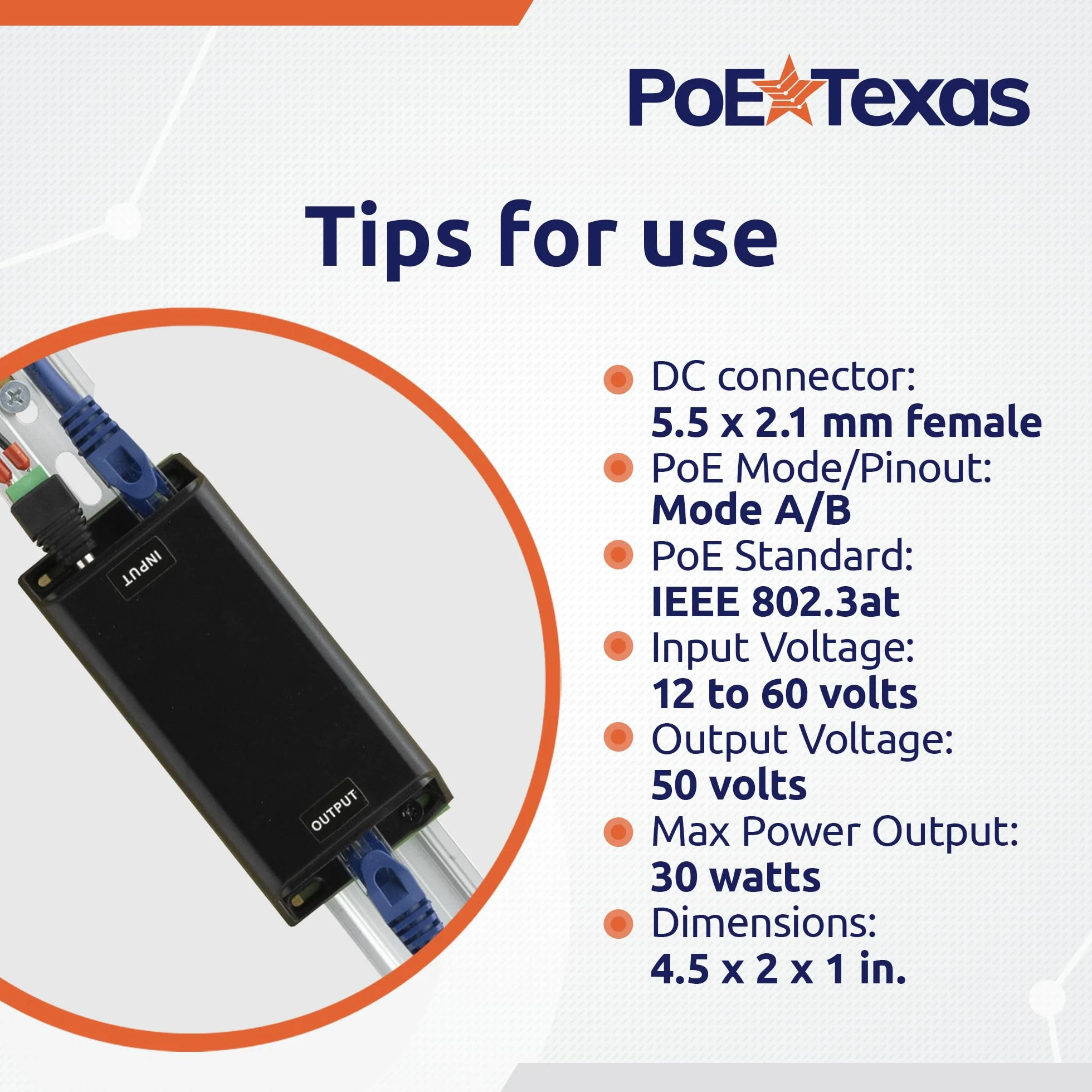 PoE Texas DC-Powered PoE+ (30 watt) Gigabit Inline Injector Converts 12-60V in to 50 Volt IEEE 802.3at PoE+ Out - Variable DC PoE Injector for Solar & Battery Powered Installations, WiFi & More