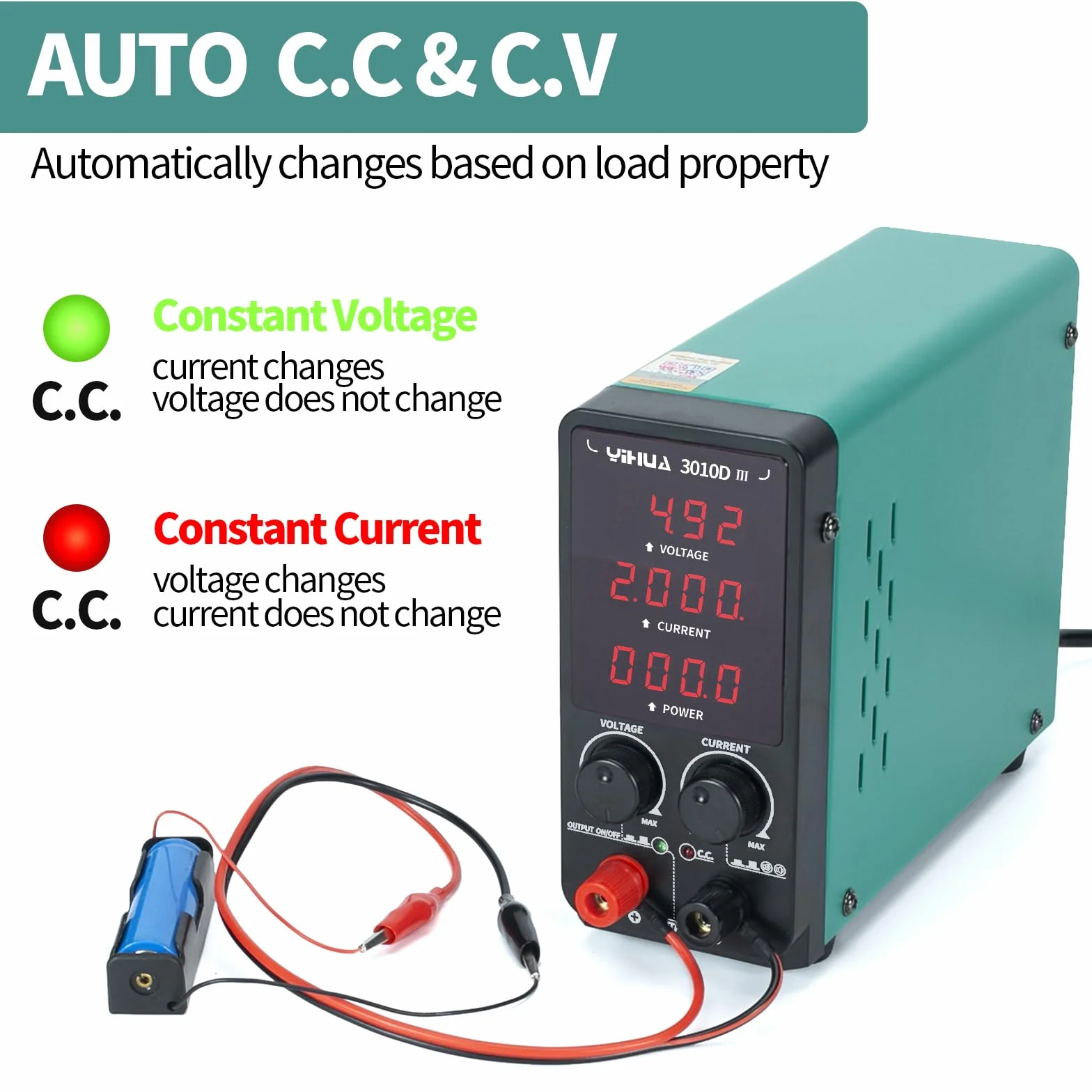 YIHUA 3010D-III DC Alimentatore da banco Laboratorio 30V 10A variabile Alimentatore regolabile con clip a coccodrillo, modalità CC/CV automatica per elettronica, riparazione, galvanica, ingegneristica