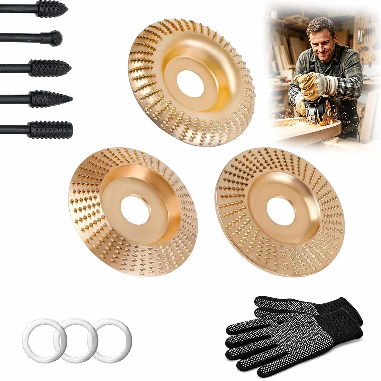 Disco per Lucidatura per Smerigliatrice Angolare, Set di Dischi Robusti per Intaglio del Legno, Mola in Carburo di Tungsteno per Taglio, Modellatura, Levigatura e Lucidatura del Legno (3PCS)