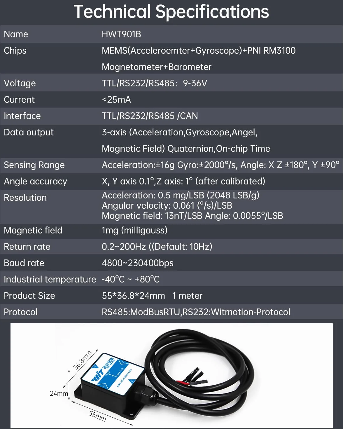 [Industrial-Grade 0.1° Inclinometer] HWT901B-RS232 3-axis Accelerometer+Gyroscope+Inclinometer+Digital Compass+Air Pressure+Altitude, 9-axis MPU9250 IMU Module