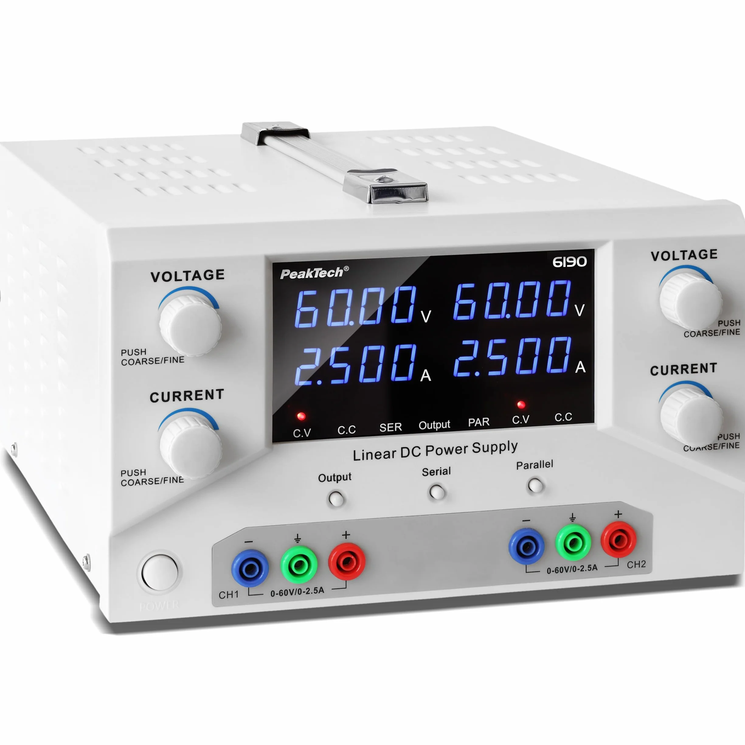 PeakTech 6190 - Alimentatore da laboratorio 2 x 0-60 V / 0-2,5 A DC SELV lineare alimentatore con trasformatore di separazione, doppio alimentatore di rete da laboratorio