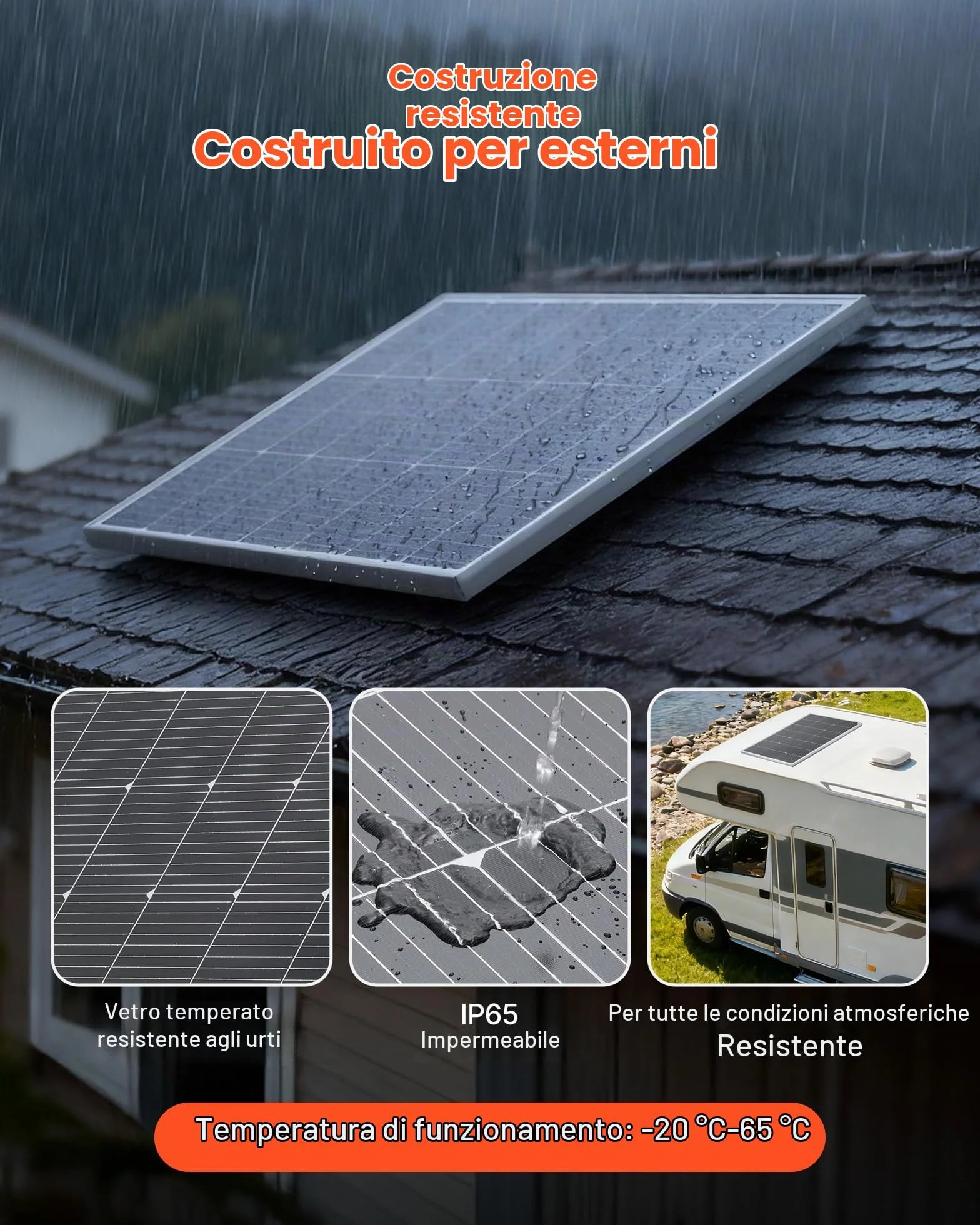 VEVOR Modulo Solare Monocristallino da 200 W ad Alta Efficienza con Uscita MC4 Stabile e Telaio in Alluminio, Impermeabile IP65 per Applicazioni su Tetti Piani per Auto, Barche, Camper