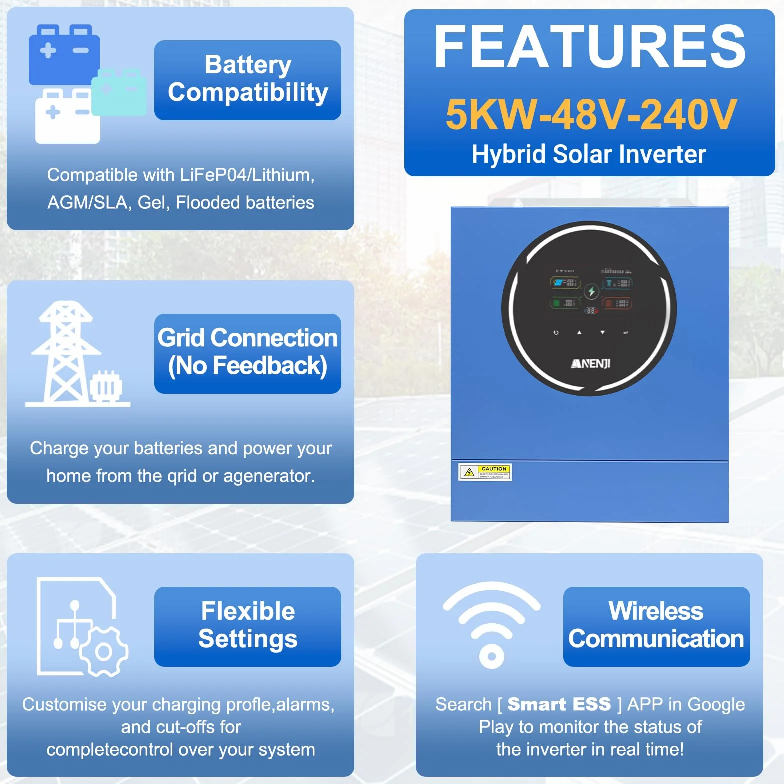 5000W Inverter Ibrido 48V Inverter Fotovoltaico a Onda Sinusoidale Pura, Tensione a Circuito Aperto Fotovoltaico 60–500 Vcc Dispone di Due Porte di Uscita Integrate e un Modulo WiFi