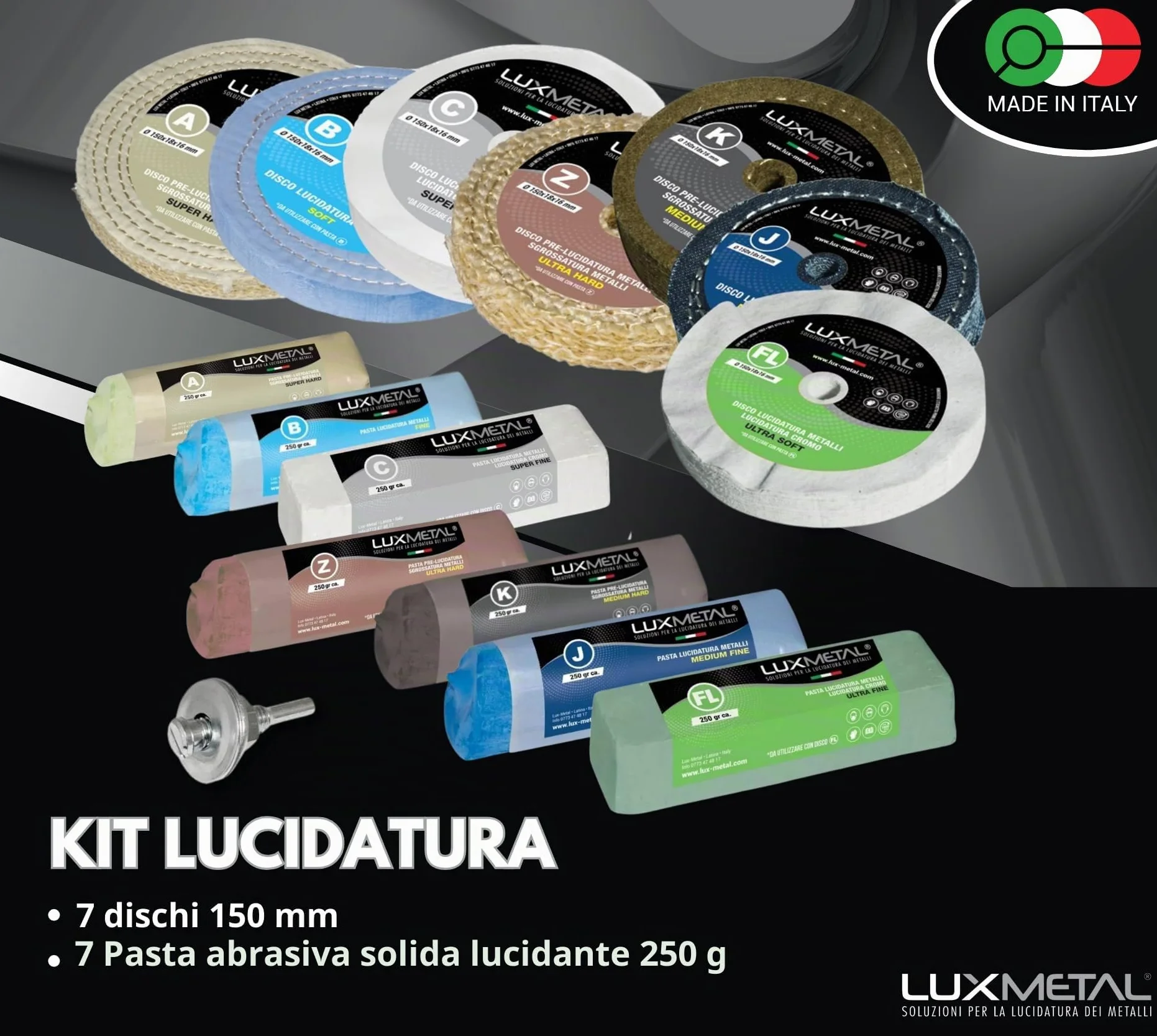 Lux Metal - Kit 7 Disco Lucidante 150 mm e 7 Pasta Abrasiva Lucidante 250 gr - Per Alluminio, Ferro, Acciaio Inox, Bronzo, Marmo - Ruota Lucidatura Metalli Trapano Mola Smerigliatrice Feltro Cotone