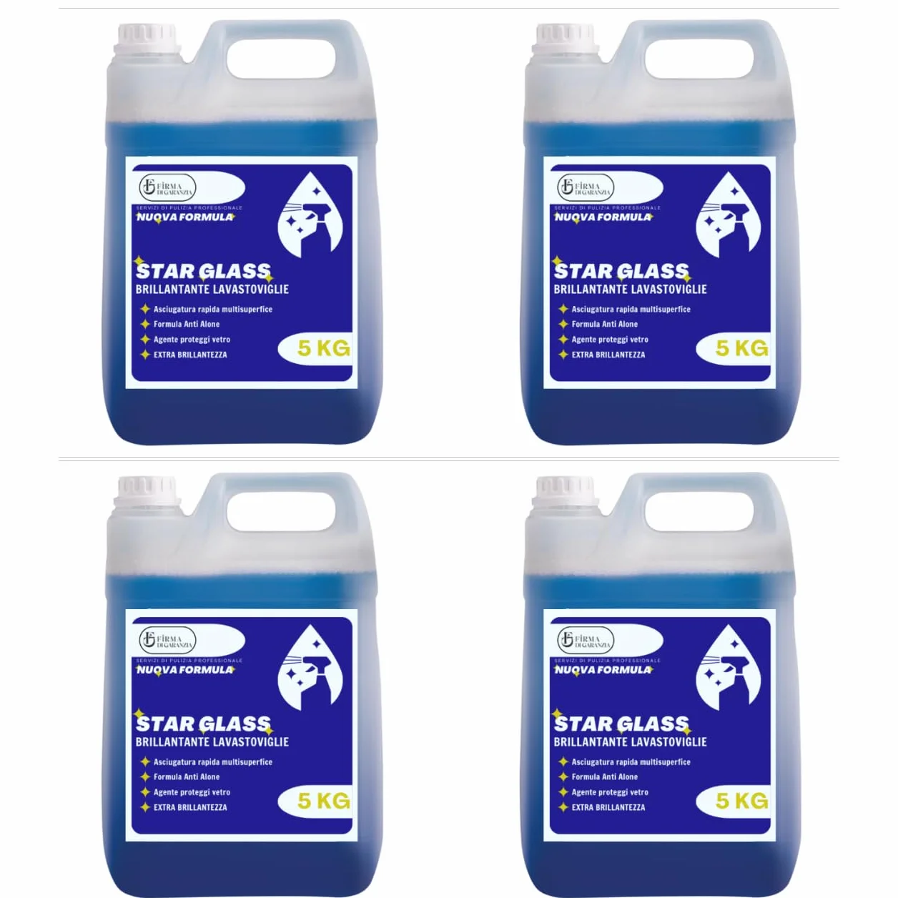 Detergente BRILLANTANTE Lavastoviglie professionale STAR BRILL concentrato liquido, detersivo lavapiatti antialone cristalli e stoviglie per bar e ristoranti | Tanica detergerne 5 KG contentrato - 4pz