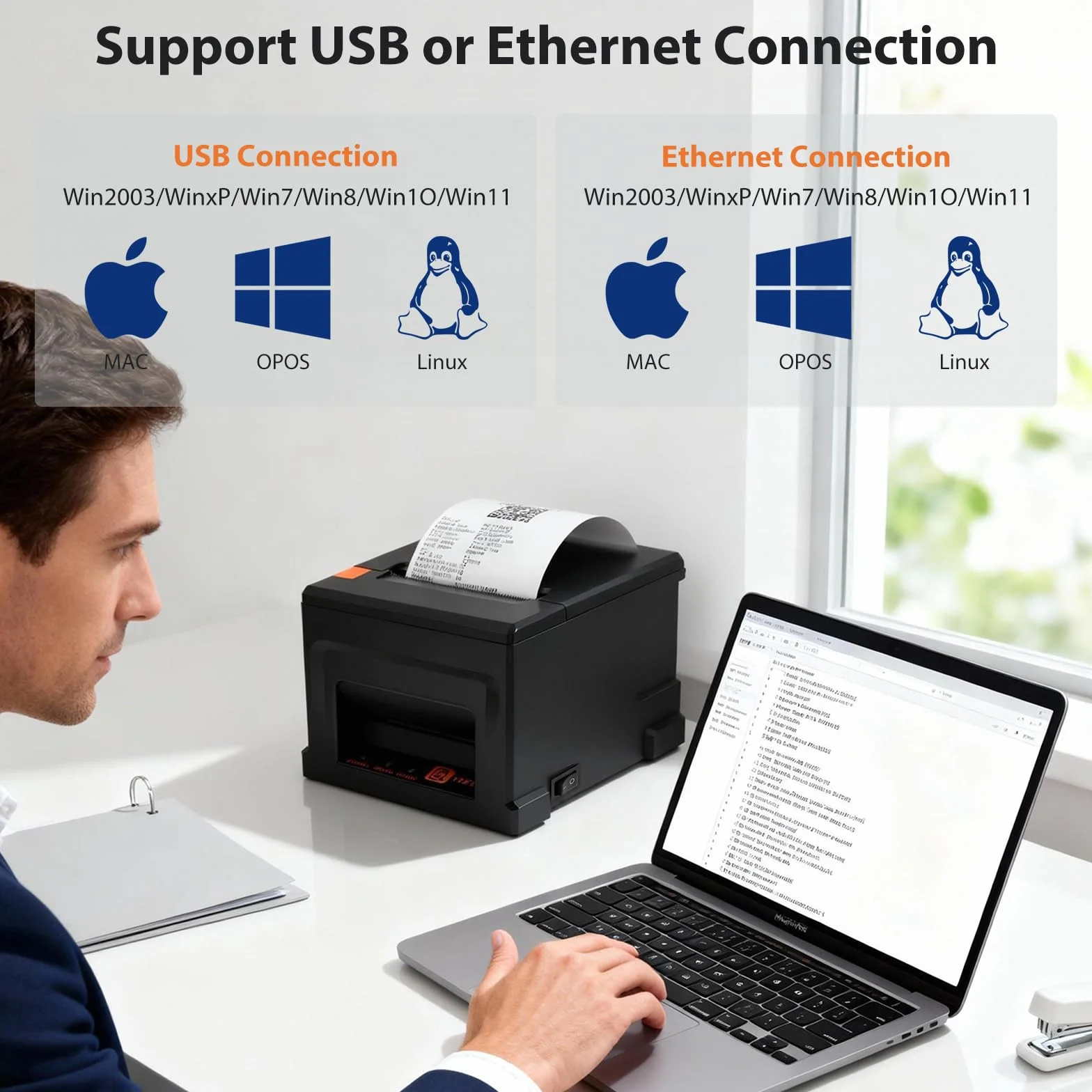Stampante, Termica Mini Senza Cartucce Stampante Scontrini POS Scontrini 80Mm Taglierina Automatica Supporto Per Cassetto Contanti Interfaccia USB/Ethernet Compatibile Con Windows/MAC/Linux (ESC/POS)