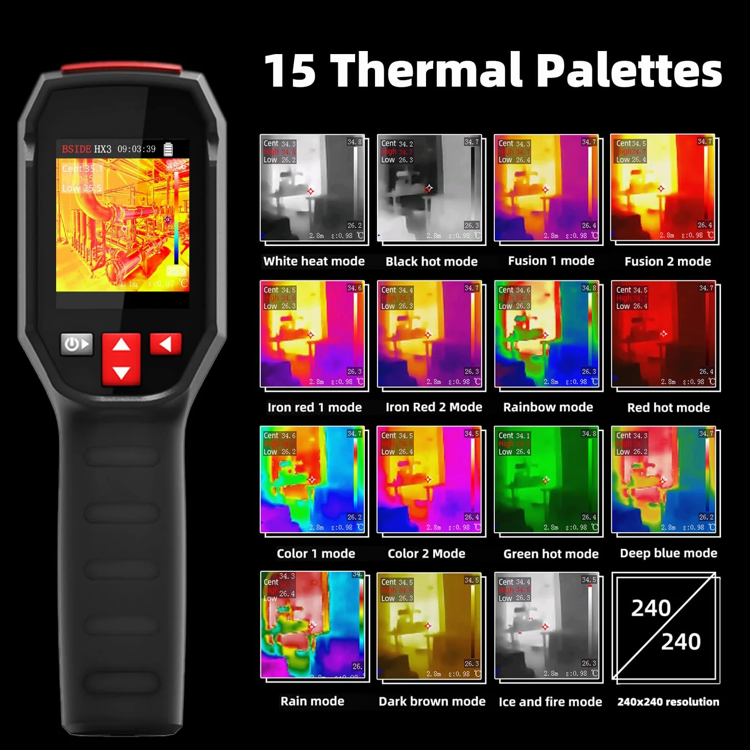 BSIDE HX3 Termocamera Portatile 240x240 Alta Risoluzione Telecamera Termica 25Hz -20-550℃ Termocamera Infrarossi Ricaricabile con 15 Palette Colori per Perdite Acqua HVAC Elettronica Edilizia