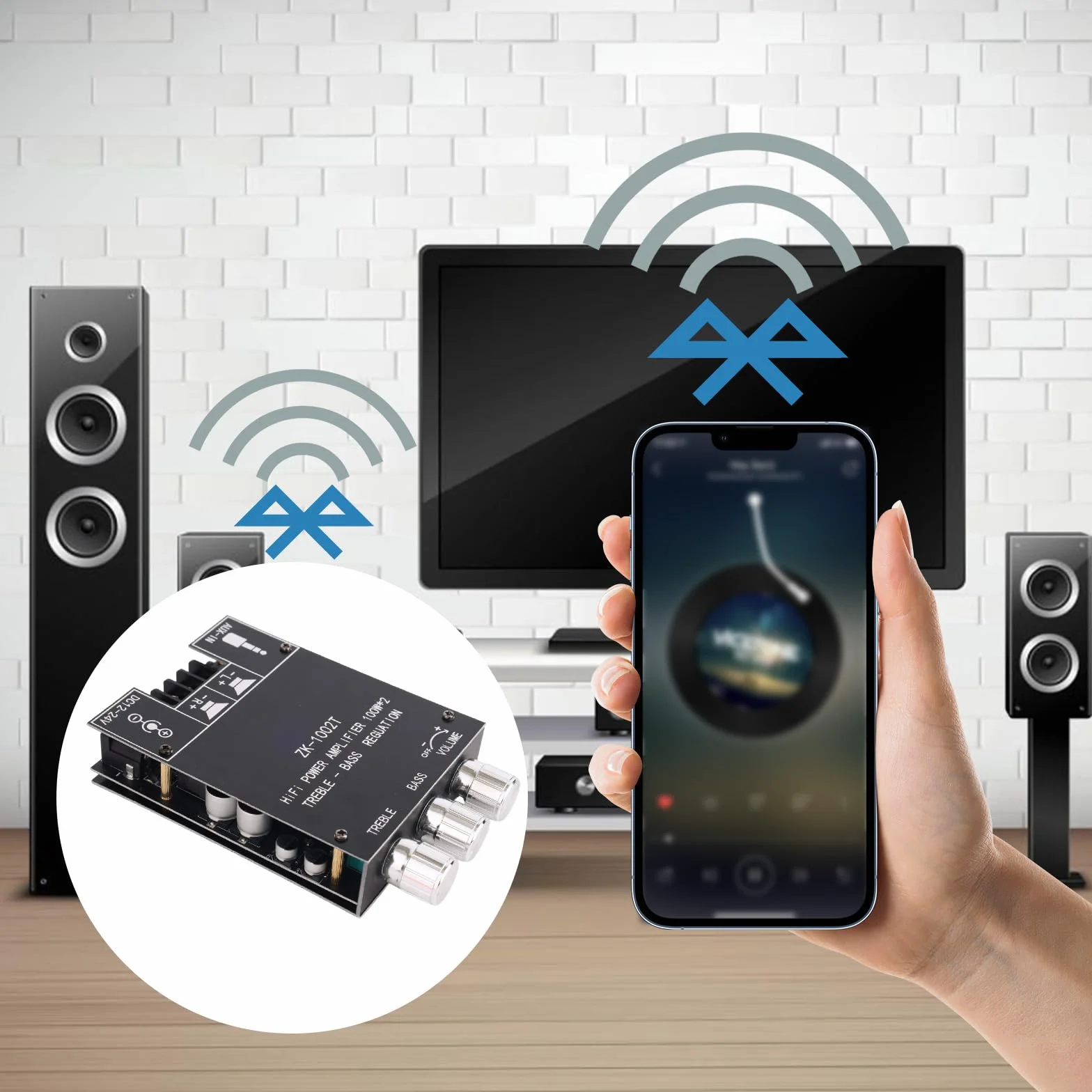 Scheda Amplificatore Bluetooth ZK-1002T, Scheda Amplificatore Stereo 100W+100W con Controllo Alti Bassi Supporta Ingresso AUX/Bluetooth con Ampia Tensione 12-24V Manuale Utente (Pre-Assemblato)