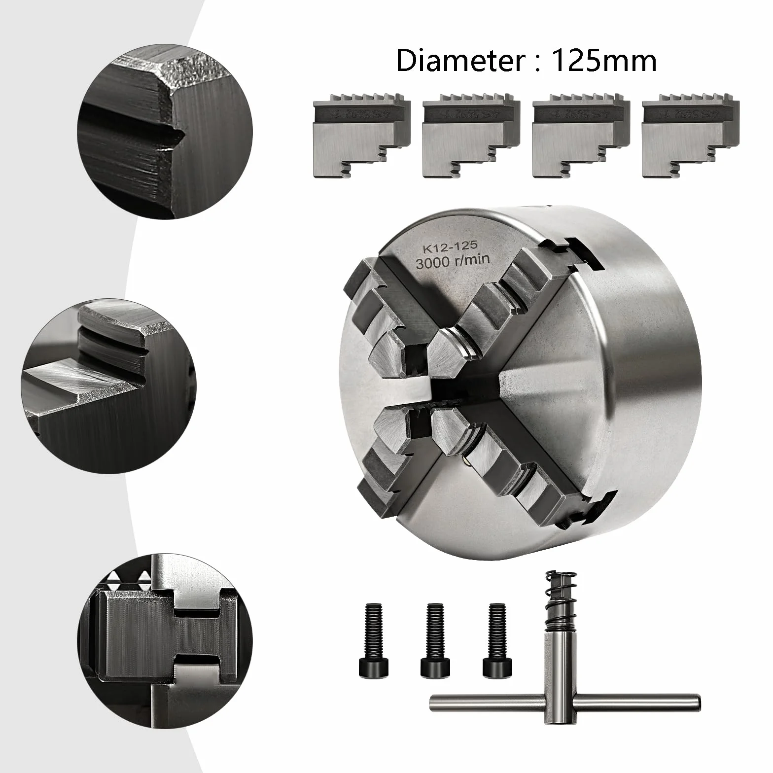 4 mandrini, mandrino autocentrante, 80/100/125 mm, alta precisione, regolabile su ganasce positive/negative, per tornio (125 mm)