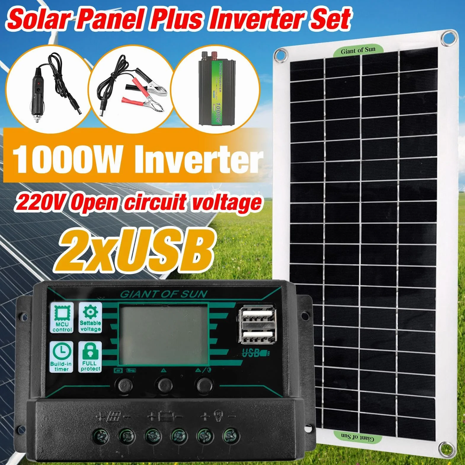 Pannello solare - Kit completo per energia solare da 1000 W con pannello solare e inverter | Modulo solare fotovoltaico monocristallino con inverter | Kit solare completo per veicoli automatici con