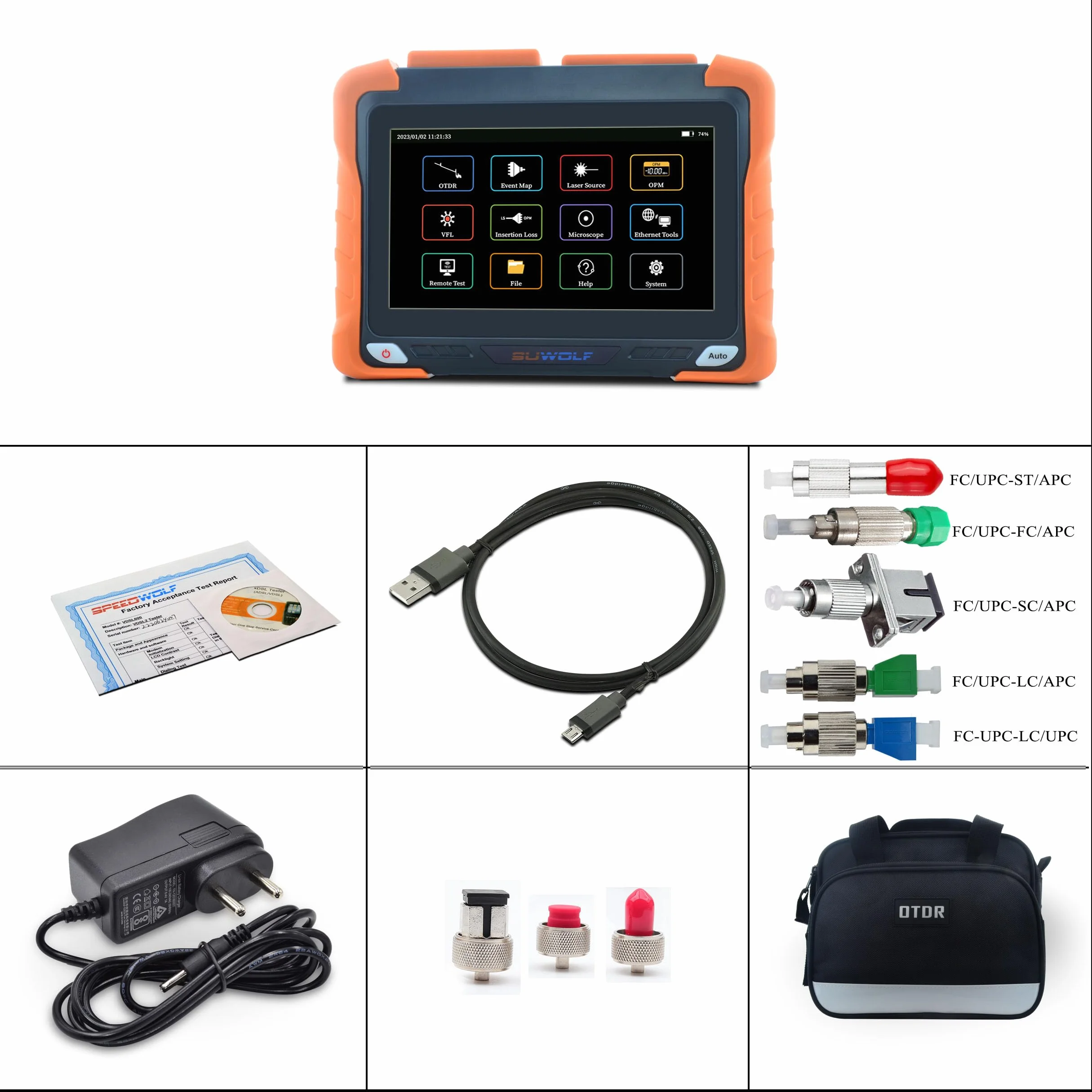 1625nm 38dB 4 in 1 SM OTDR +VFL+OPM+OLS 7" IPS Touchscreen 120Km PON OTDR Tester Per Fibra Ottica/Riflettometri Ottici Di Domande Di Tempo Con SC/FC/ST/LC UPC&APC Adattatore (OTDR62F-PS1A)