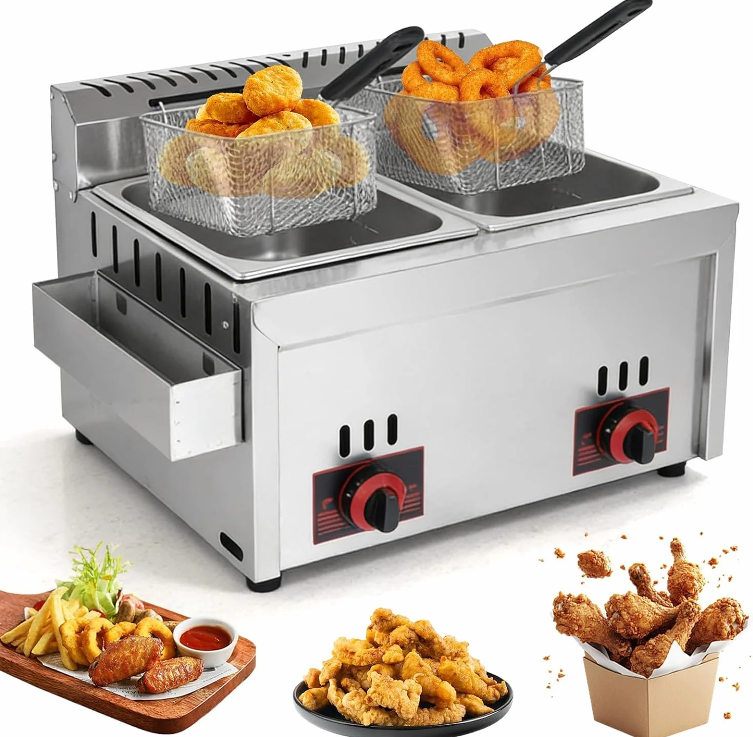 Friggitrice a Gas Commerciale, Doppia Friggitrice a Gas 6L+6L con 2 Cestelli e 2 Coperchi, Temperatura Regolabile, Riscaldamento Rapido per Uso Commerciale e Domestico, Ristoranti e Snack Bar