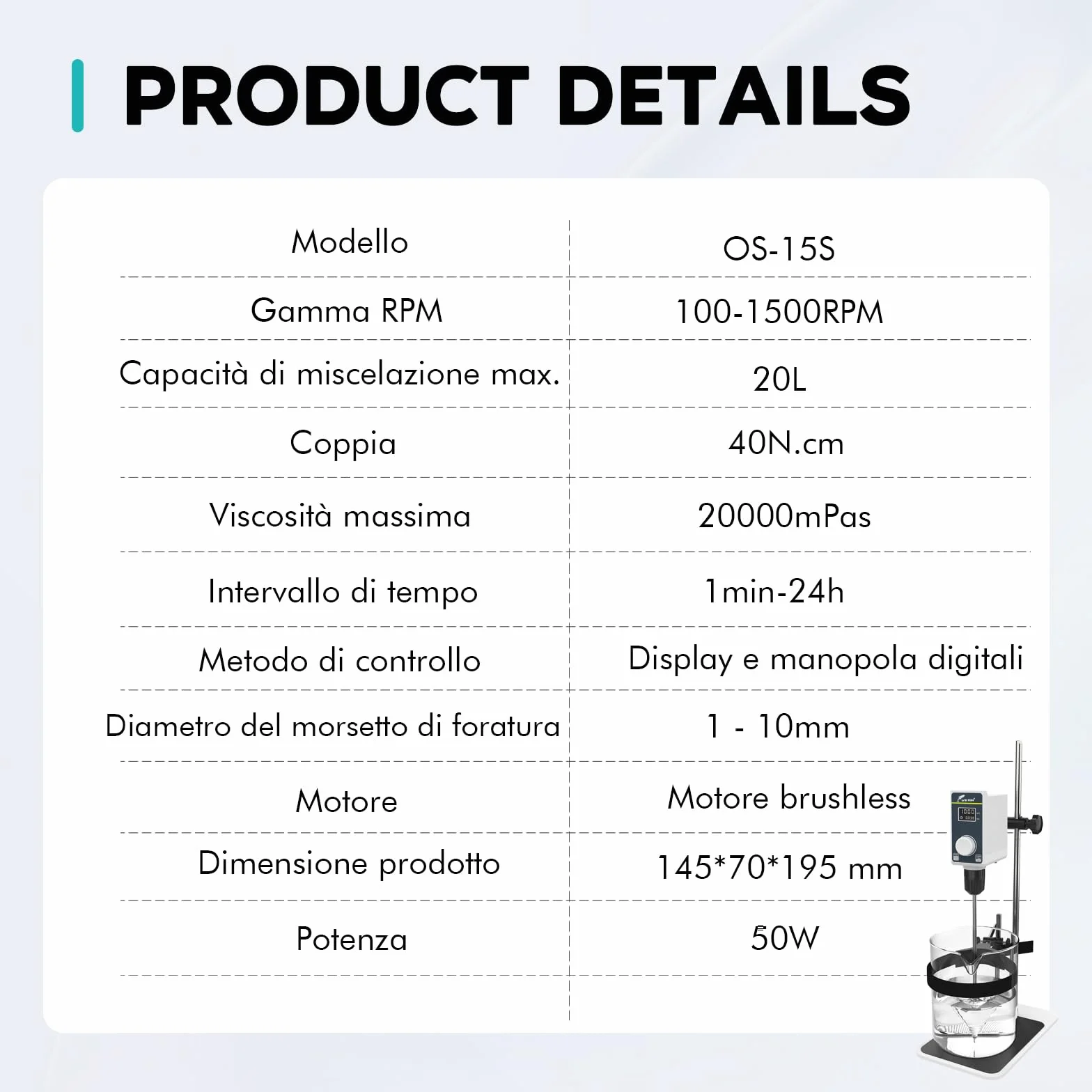 LAB FISH Agitatore a Immersione Overhead Stirrer, Miscelatore da Laboratorio 50W con Pala e Supporto Acciaio Inox, Velocità Regolabile 100-2000 RPM, Timer 1min-24h, per 20L & 20000 mPas