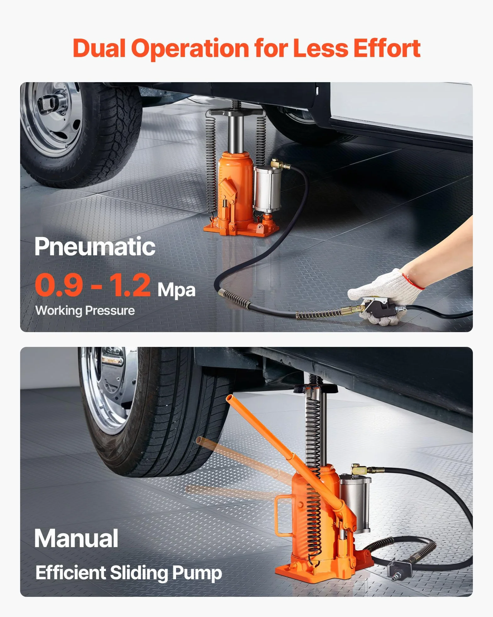 VEVOR Sollevatore a Bastone da Pavimento Capacità 20 t, Intervallo di Sollevamento 260-495 mm, Cric a Bottiglia Saldato per Impieghi Gravosi Pneumatico o Manuale con Pompa per SUV, Camion, Camper