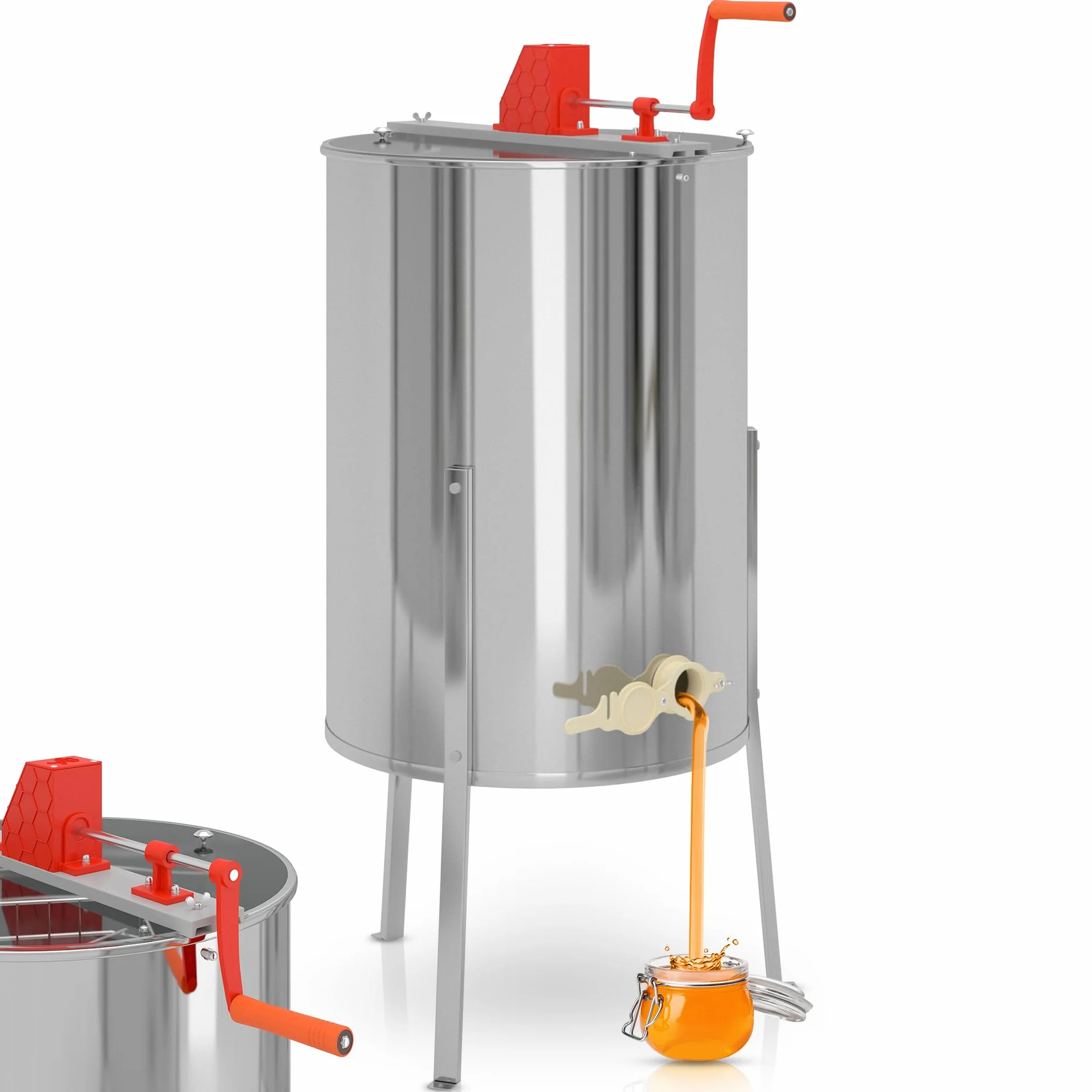 Jago® Estrattore di Miele - Manuale, per 4 Telai di Alveare, 3 Gambe, Fusto in Acciaio Inossidabile - Smielatore, Separatore, Centrifuga per Apicoltura