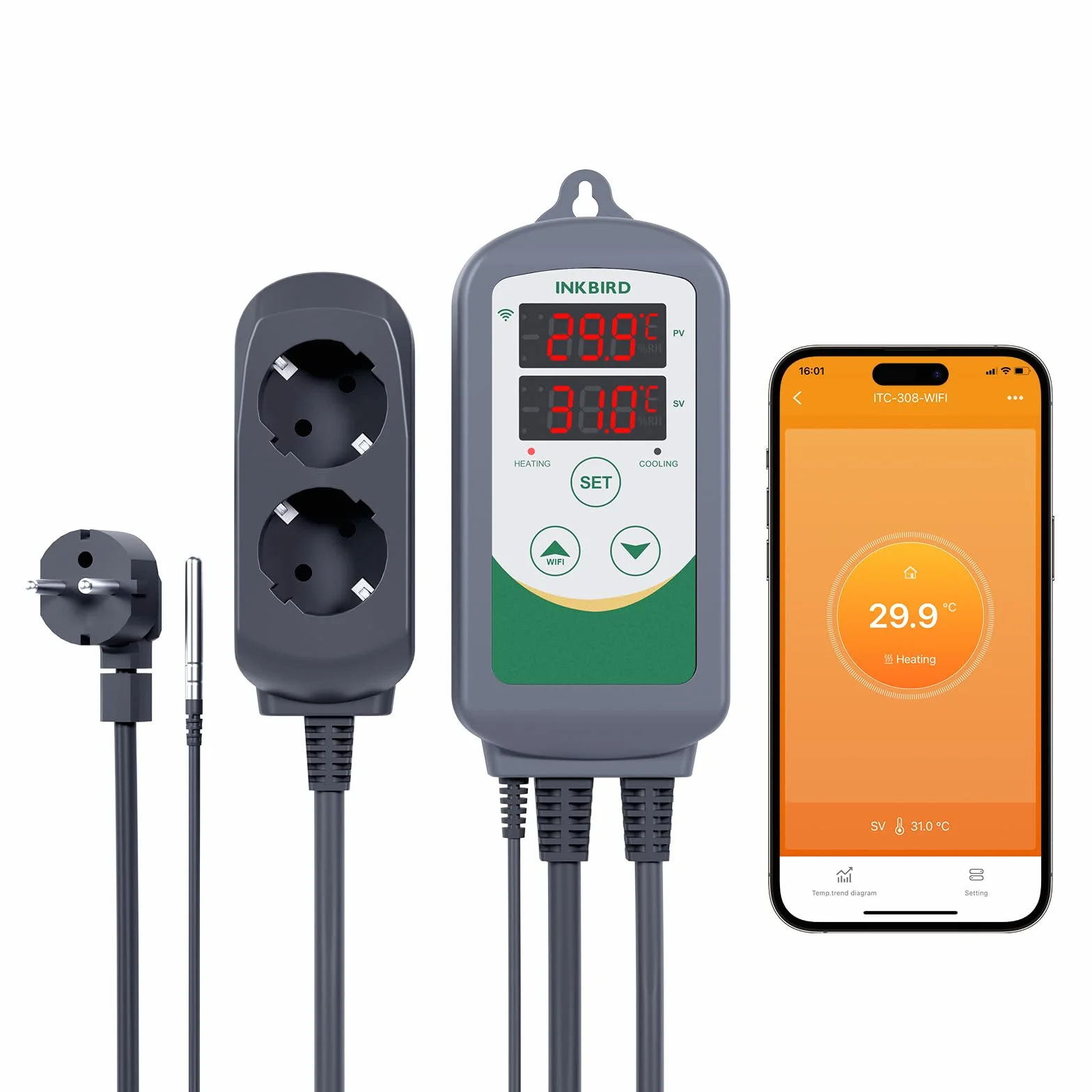Inkbird ITC-308 WiFi Termoregolatore Digitale, Wireless Regolatore di Temperatura Termocoppia Termostato con Smart APP per Homebrewing, Allevamento, Serra, 220V