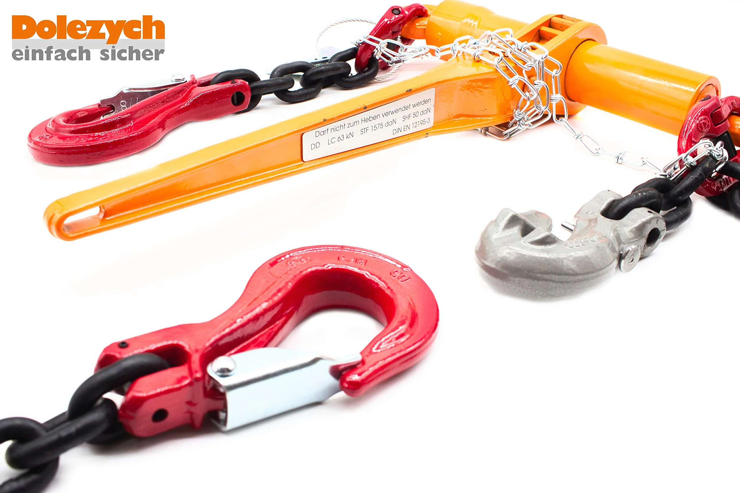 Dolezych Catena di ancoraggio di grado 80 con raccoglitore a cricchetto Dora, 2 ganci a forcella, catena da 10 mm, capacità di ancoraggio diretto = 6300 dan, lunghezza 3,50 m