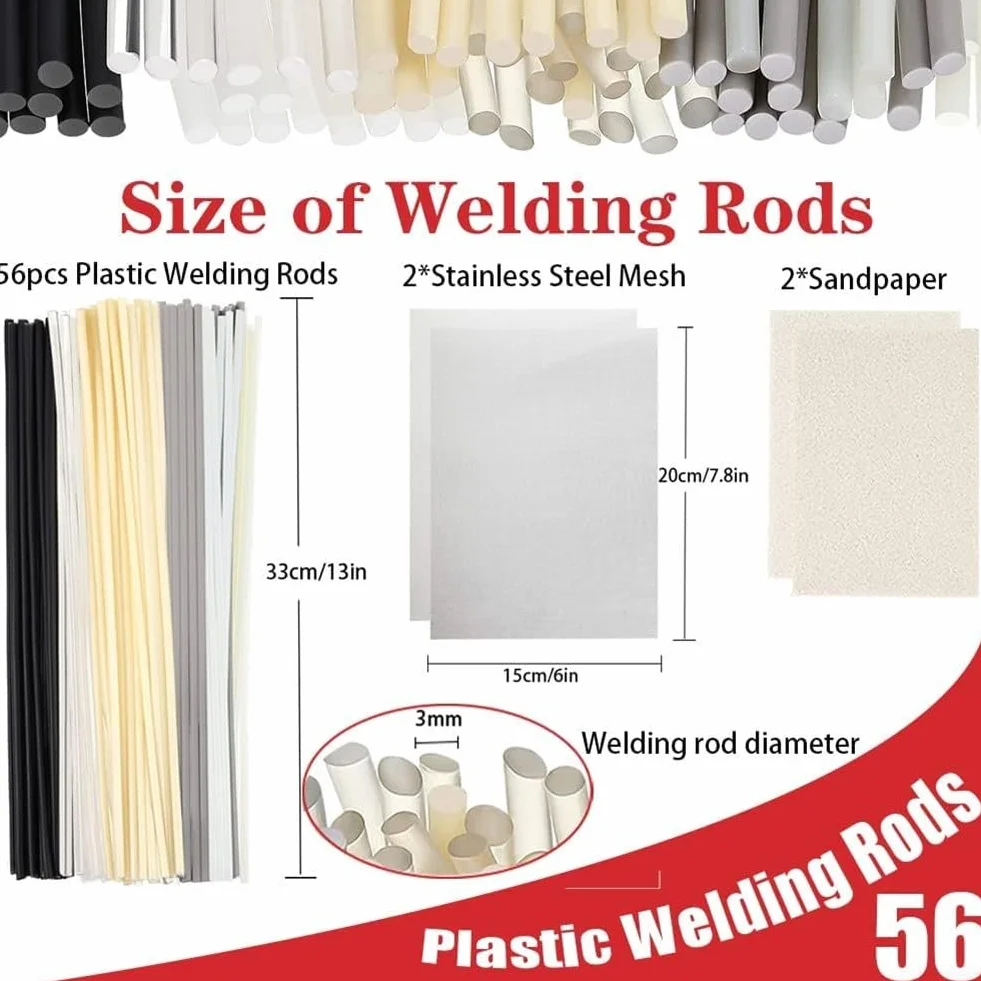 Set di 60 aste di saldatura in plastica per riparazione paraurti, kayak, barche, acciaio inossidabile e carta vetrata