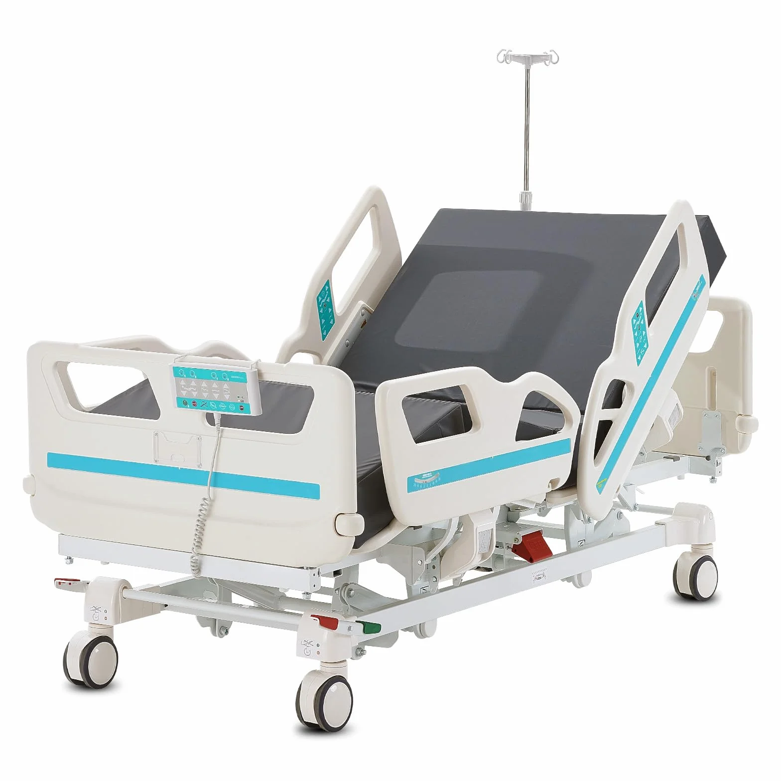 VEVOR Letto Ospedaliero con 5 Funzioni, Letto per Terapia Intensiva Medica Elettrico con Posizione Sedia Cardio, Trendelenburg Inverso, Rotelle Bloccabili per Uso Ospedaliero Domestico Carico 250kg