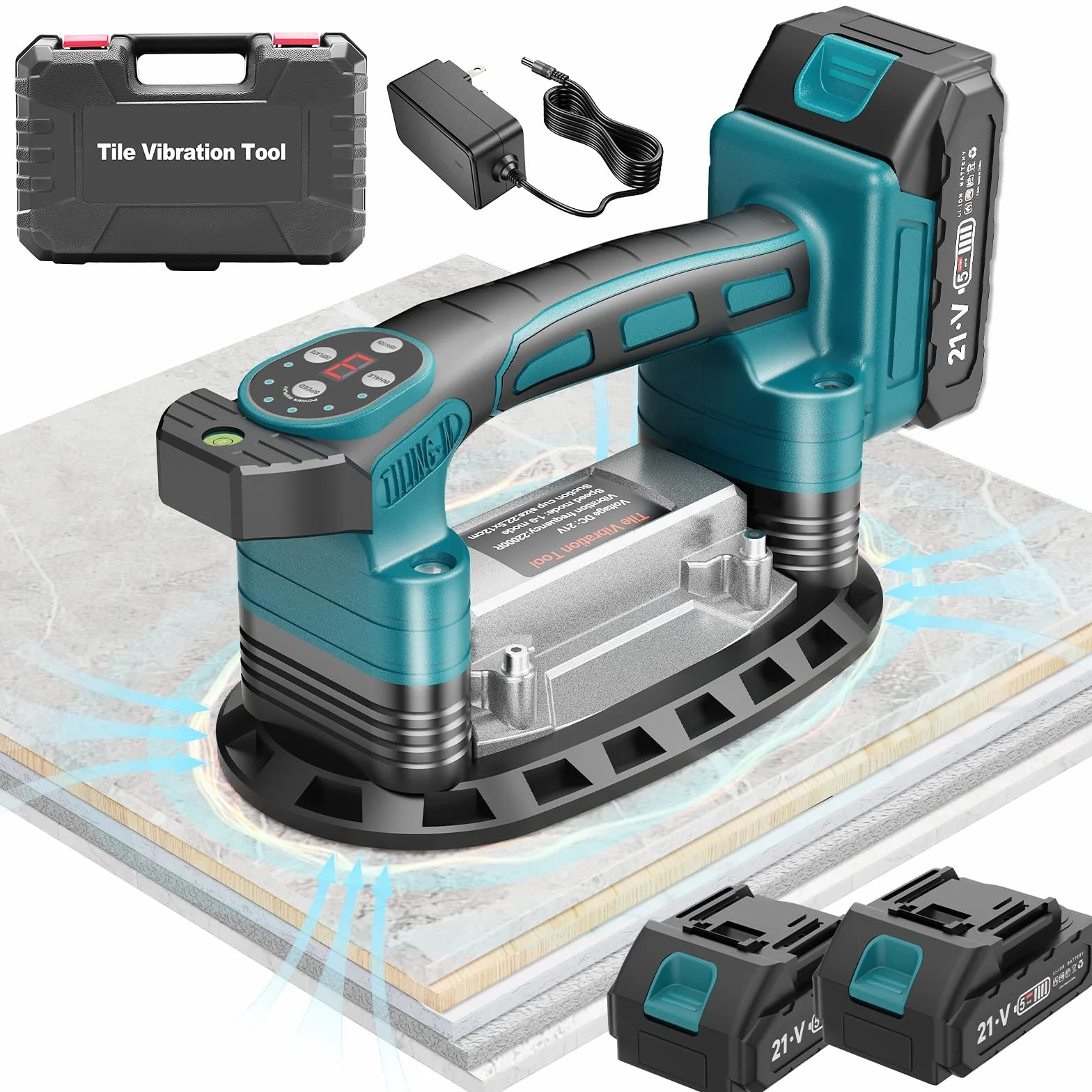 2 in 1, vibratore per piastrelle e ventose Compatibile con batteria Makita, con batteria da 2 x 1,5 Ah, vibratore per piastrelle, 24000 giri/min, 9 marce, potenza di aspirazione 400 kg per piastrelle