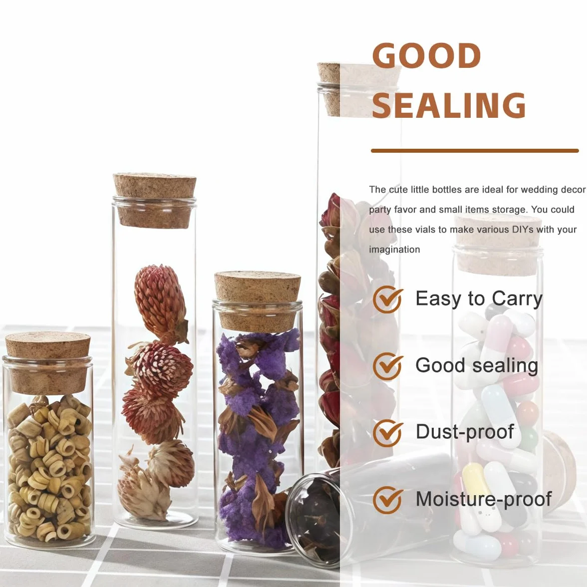 10 PZ 60ML/2OZ Vuoto Trasparente Tubi di Prova di Vetro Ricaricabile Fiala con Tappo di sughero Bottiglia In Miniatura Reagant Jar Bottiglia per Lab Party Favors Candy Spezie Perline